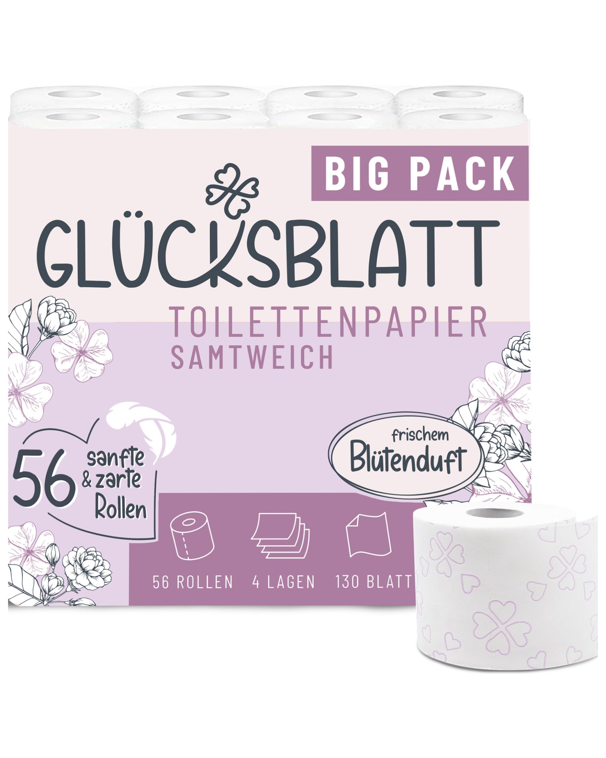 Glücksblatt Toilettenpapier Samtweich mit frischem Blütenduft, 4-lagig, 56 Rollen x 130 Blatt, 100% Zellstoff, superweiches Klopapier mit Glücks-Prägung, WC Papier, Verpackung aus mind. 30% PCR