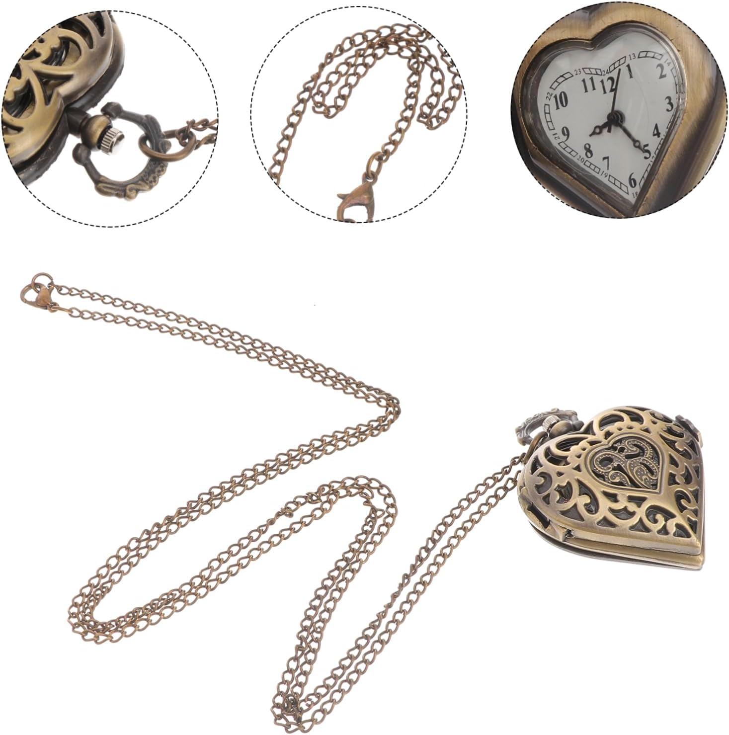 BESPORTBLE Vintage Hollow Heart Pocket Watch with Chain for Men Women Bronze Mechanical Movement Hard Metal Removable Chain Classic Retro Style Timepiece