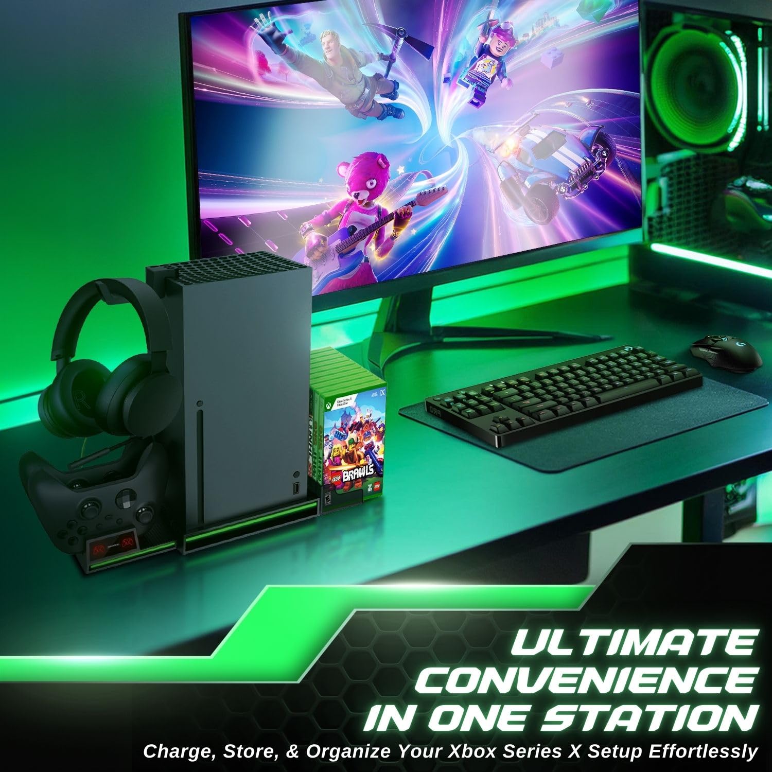 TNP Support vertical pour Xbox Series X – Station de charge pour manette avec 2 batteries rechargeables de 300 mAh pour manette Xbox Series X – 10 emplacements de rangement de jeux et crochet pour