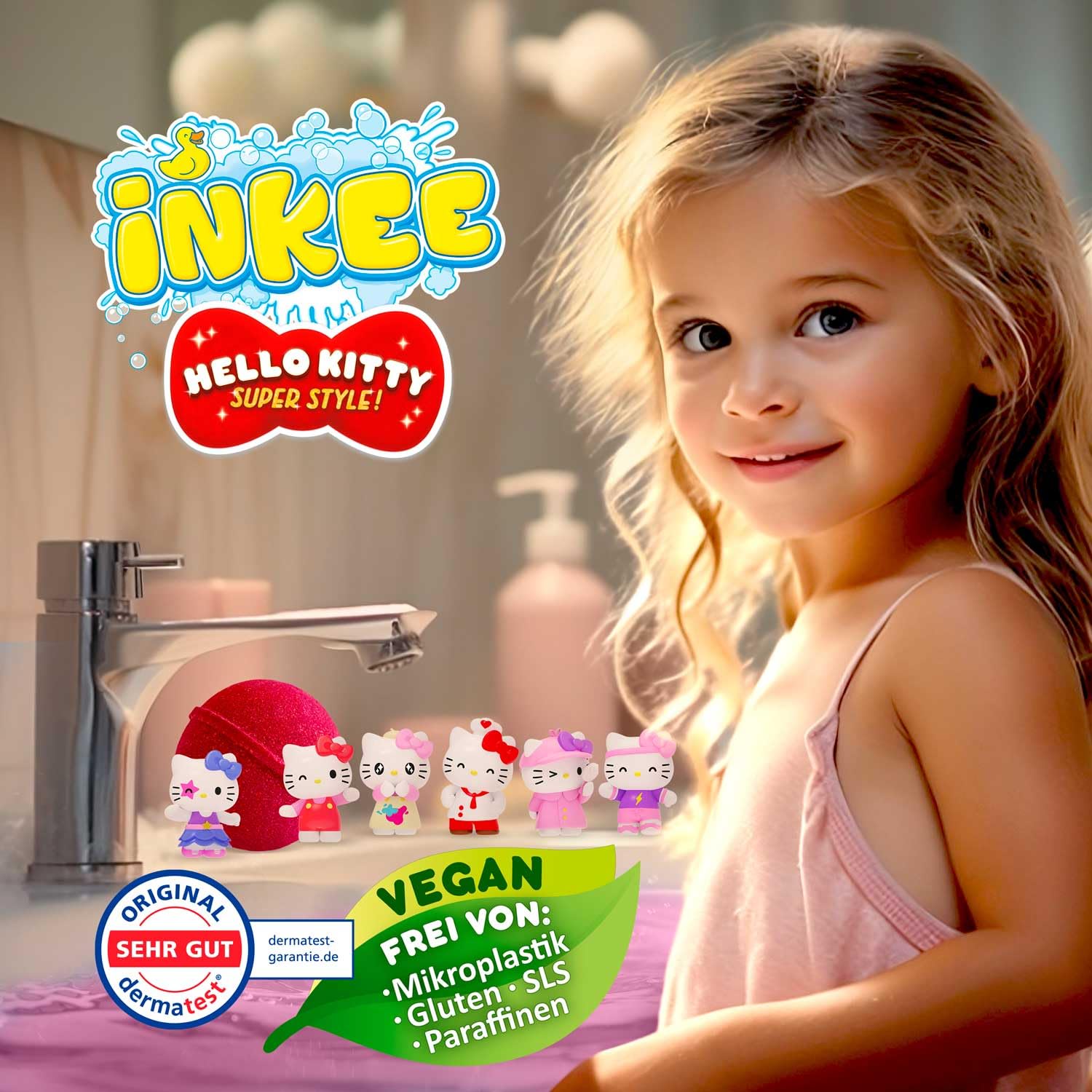 INKEE Hello Kitty – Bomba da bagno per bambini con sorpresa – 1 di 6 personaggi Hello Kitty da collezionare – Palla da bagno 80 g con aroma di anguria e olio di jojoba, rosa o rosso