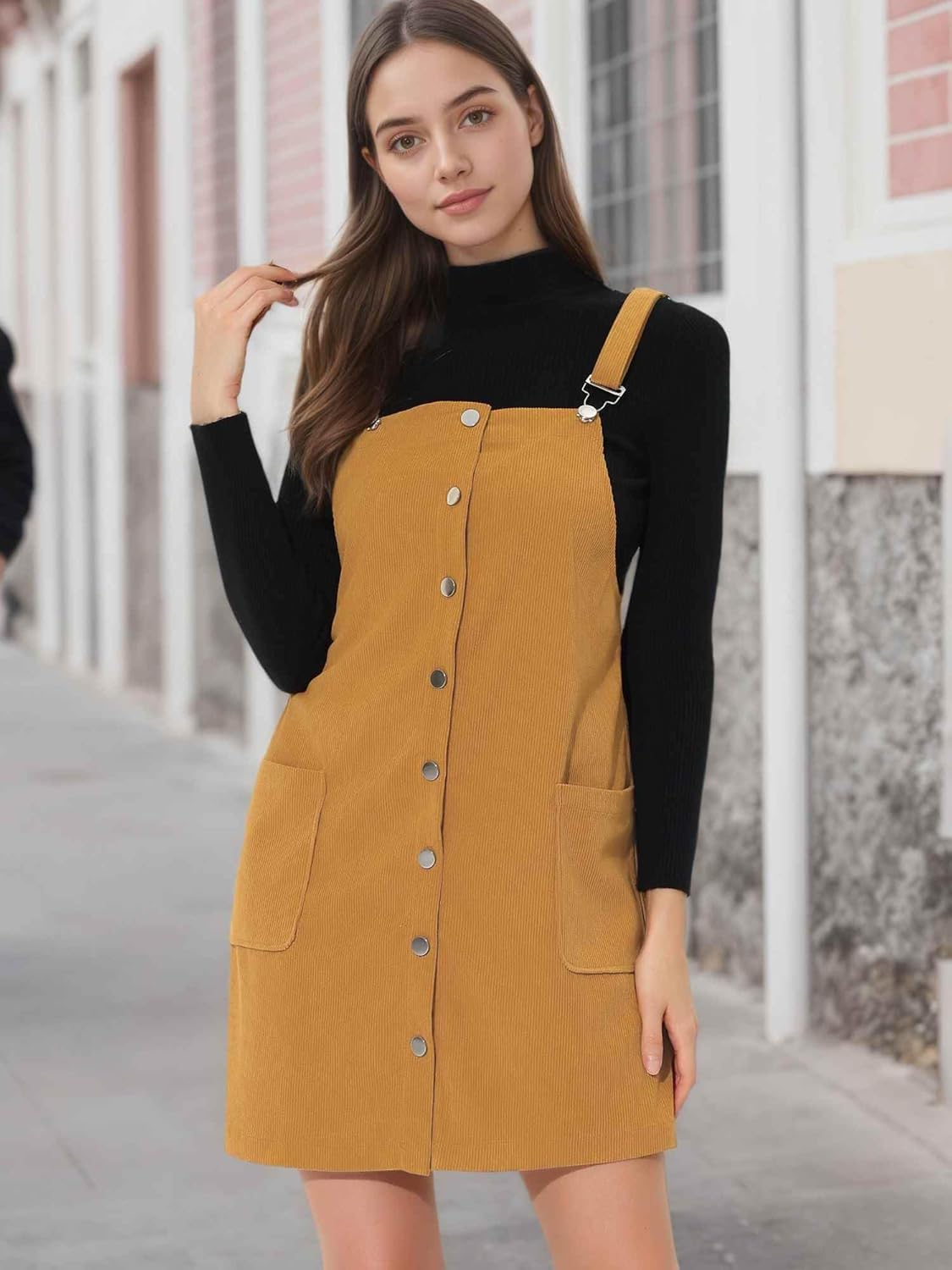 Allegra K Women's Corduroy Overall Dress Adjustable Straps Pinafore Suspender Dress Fall Clothes - Image 3