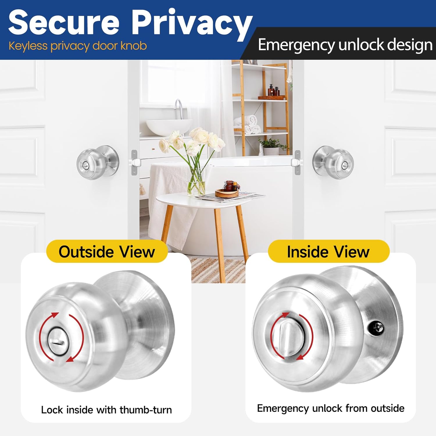 10 Pack Privacy Door Knob, Keyless Interior Door Knobs with Lock, Satin Nickel Door Knob for Bedroom & Bathroom