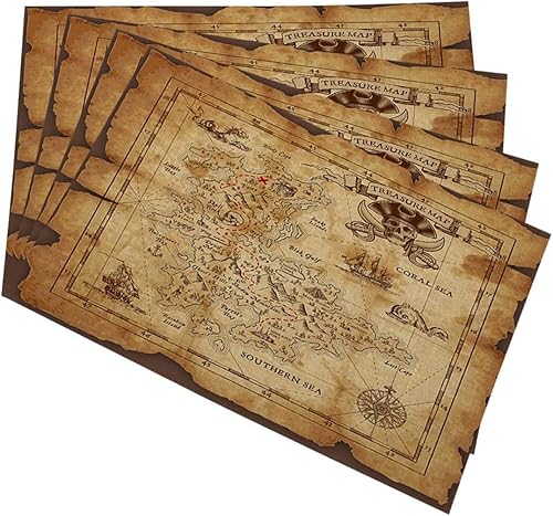 Mugod Juego de 4 manteles individuales con mapa del tesoro pirata en ruinas sobre un pergamino antiguo en ruinas, resistentes al calor,