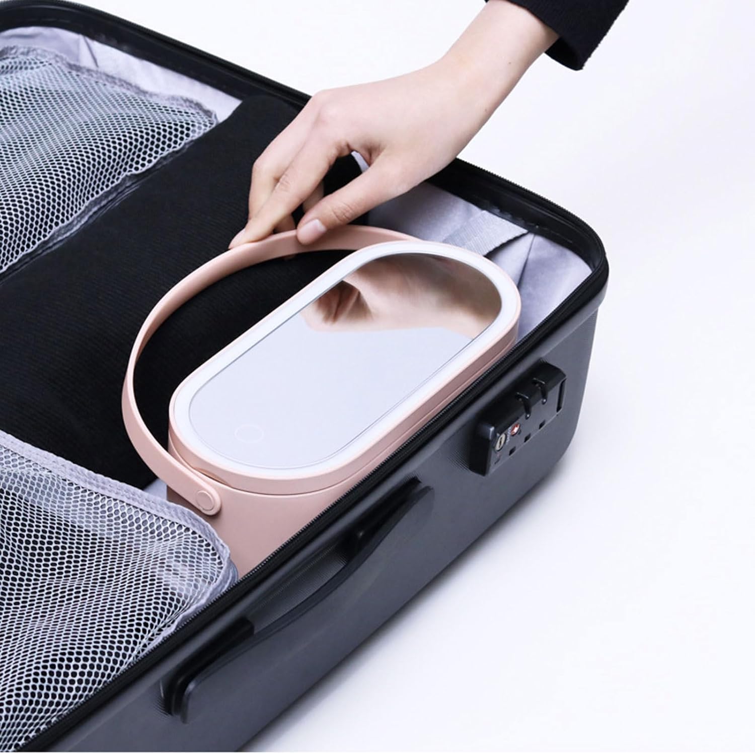 Portable LED Makeup Mirror with Storage Box, Touch Control Dimmable Light, Rotatable Stand & Rechargeable Cosmetic Organizer for Travel