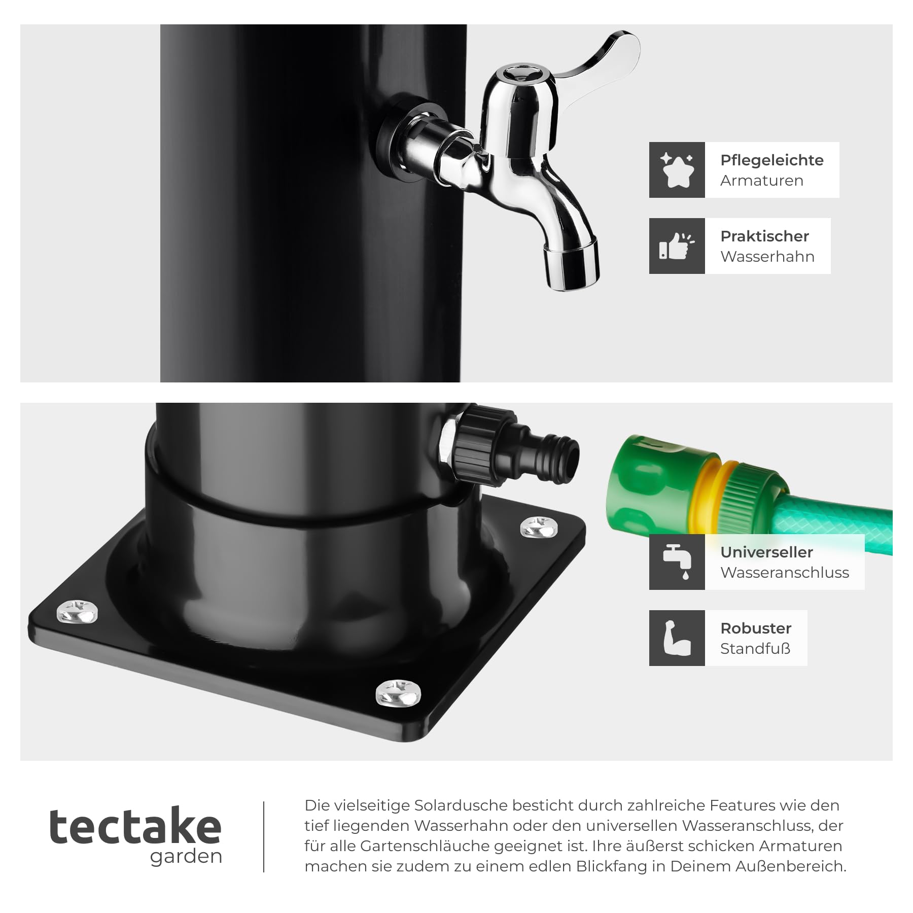 TecTake® Solardusche 20 l, bis 60° C warmes Wasser, drehbarer Regenduschkopf, Gartenschlauch-Anschluss, Wasserhahn, Garten Solardusche, Schutzhülle, Warmwasser, Campingdusche, Außendusche - schwarz