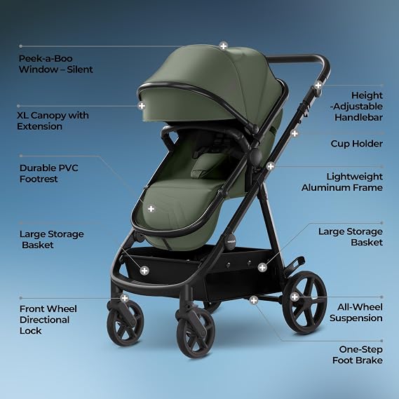 Mompush Meteor2 Baby Stroller Bassinet Stroller, Car Seat Adapter Included | Reversible Seat Newborn to Toddler UPF 50+ Canopy All-Terrain Wheels Compact Fold Cup Holder Foot Cover Car Seat Adapter