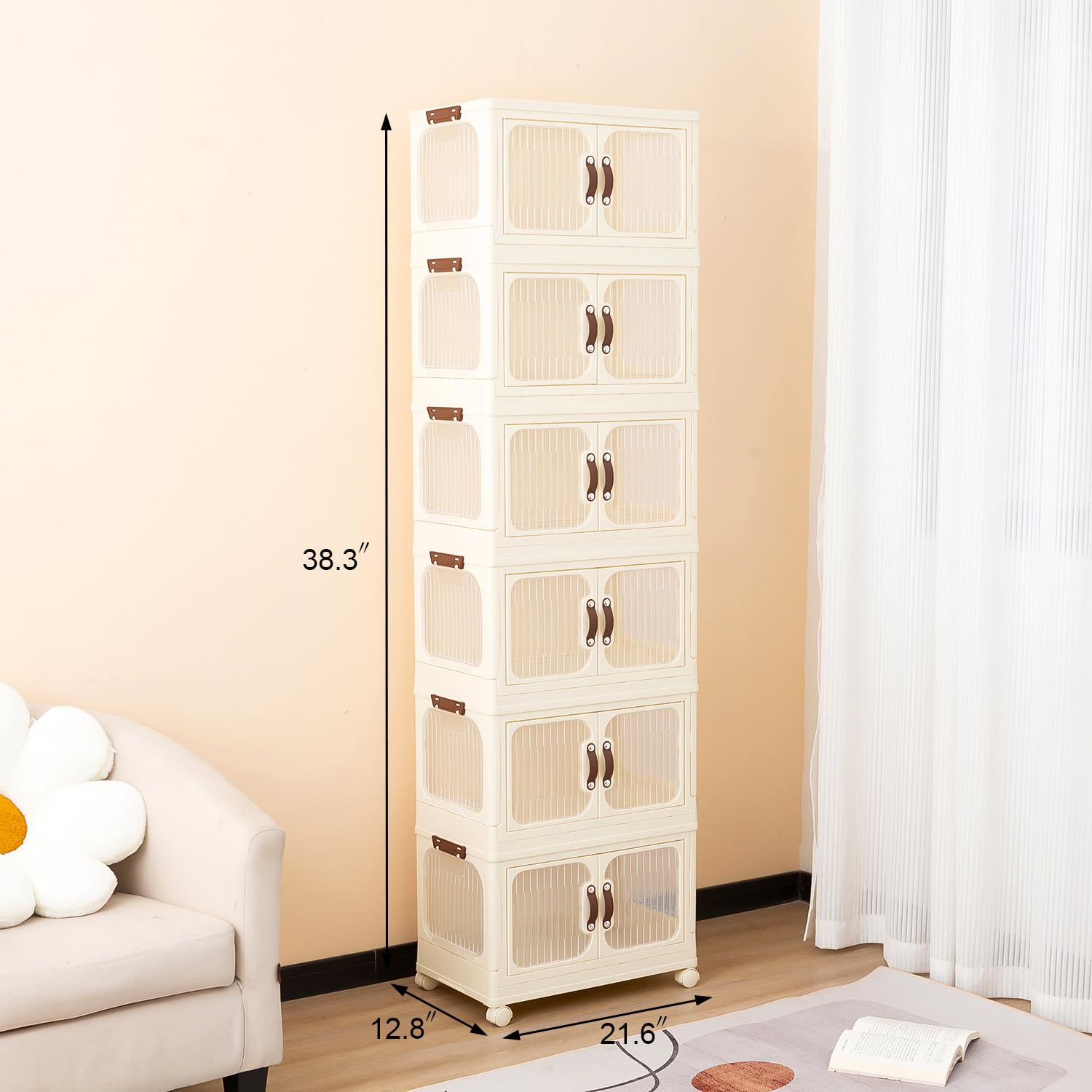 Gagee 6 Layers Clear Stackable Storage Bins with Lids and Wheels,58.5 Qt /14.6 Gal Folding Storage Box,Office Storage Containers,Plastic Storage Cabinet with Doors,Large