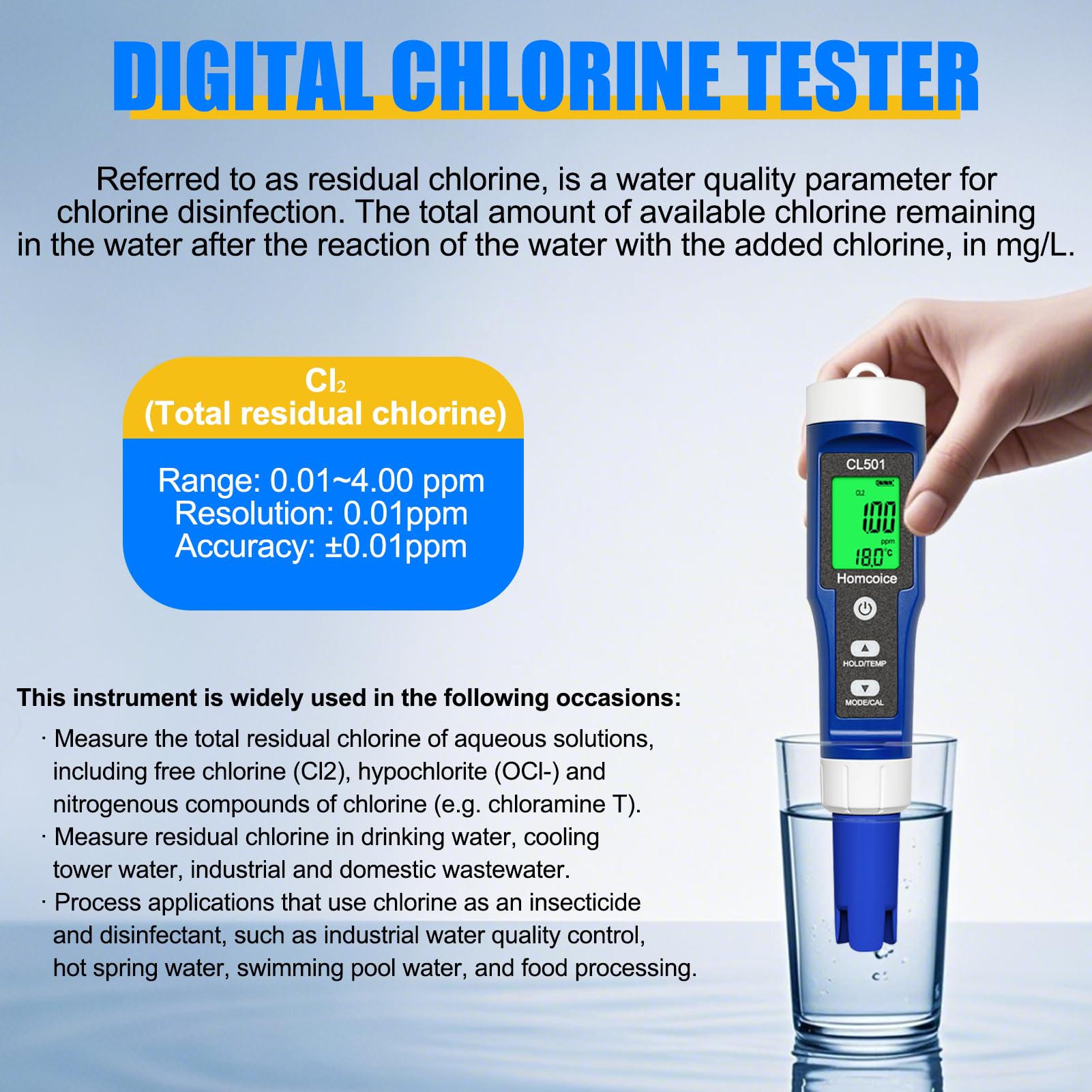 pH Chloro Mètre Piscine 5-en-1, pH chlore ORP H₂ Température Meter mesure rapide précise, Testeur Qualité Eau pour leau potable, aquarium, spa, hydroponie