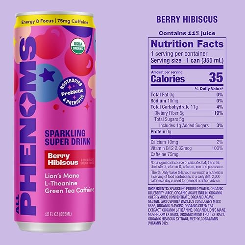 All Phenoms Energy+ Bebida orgánica espumosa prebiótica y probiótica, mezcla de hongos adaptógenos (350 mg de melena de león), 75 mg de cafeína de
