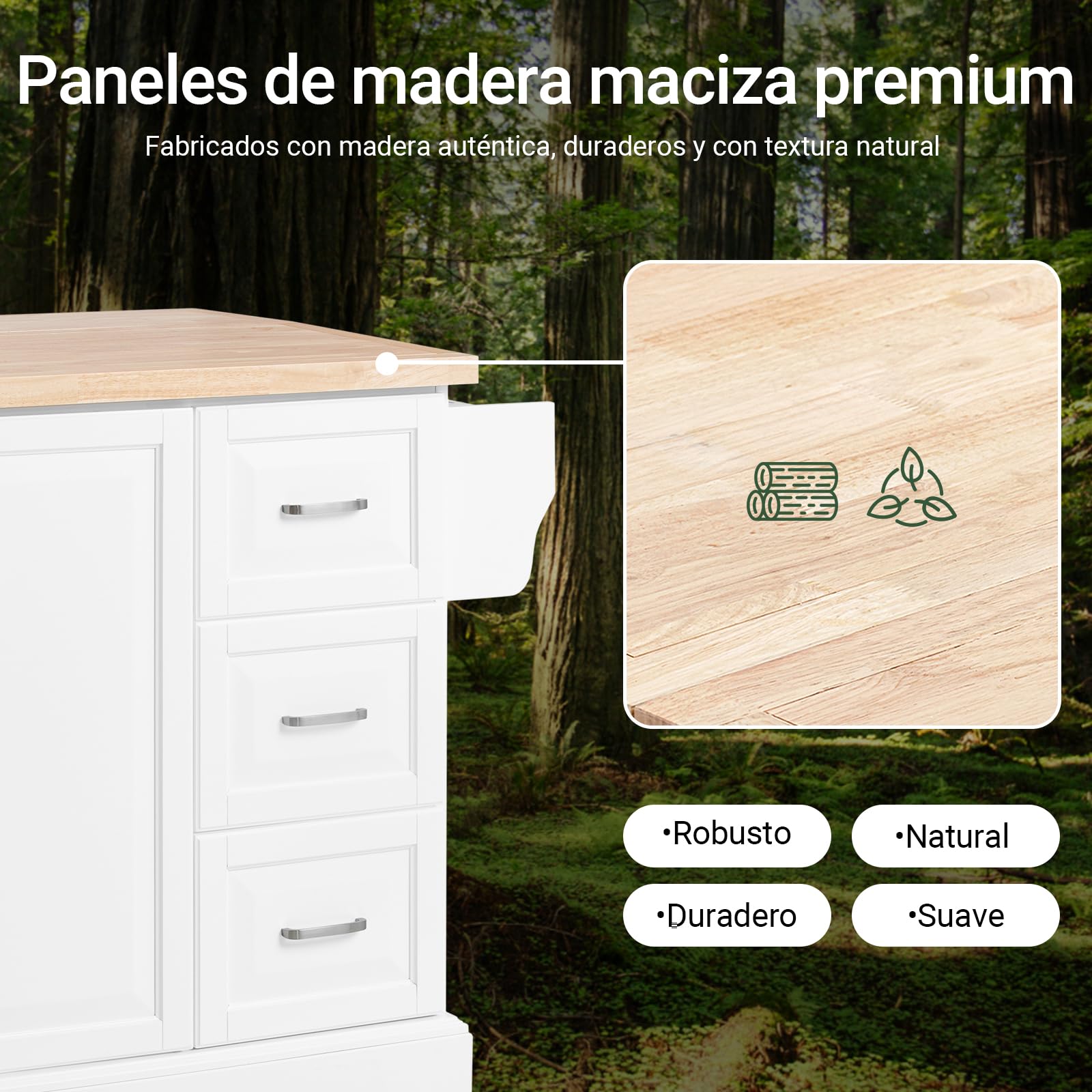 SoBuy Isla Cocina con encimera de Madera Maciza Extensible Carrito de Cocina con Ruedas Mueble de Cocina con 3 cajones Blanco 130x91x(46-71) cm FKW41-II-WN