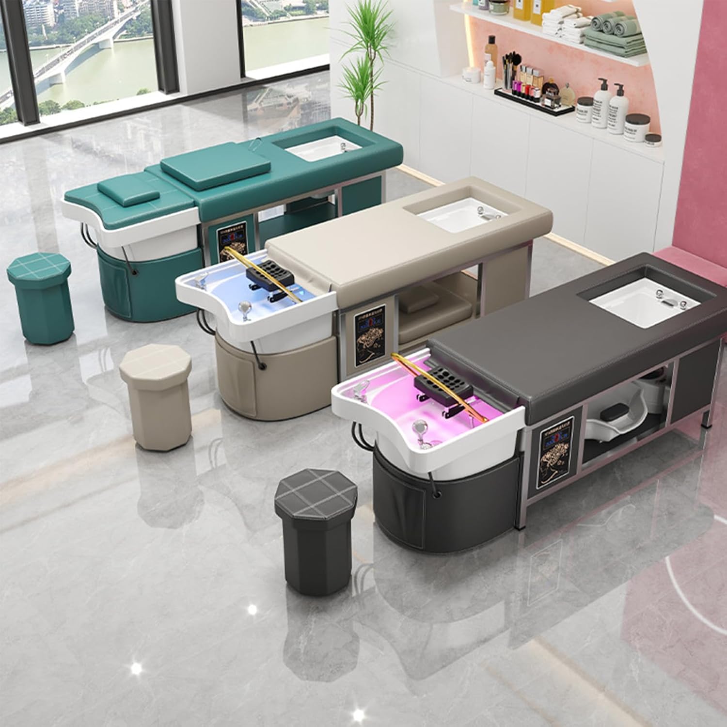D,Foot Massage Shampoo Bed, with Water Circulation Foot Bath and Acrylic Shampoo Basin Fumigation Integrated Beauty Salon Hair Salon Barber Shop