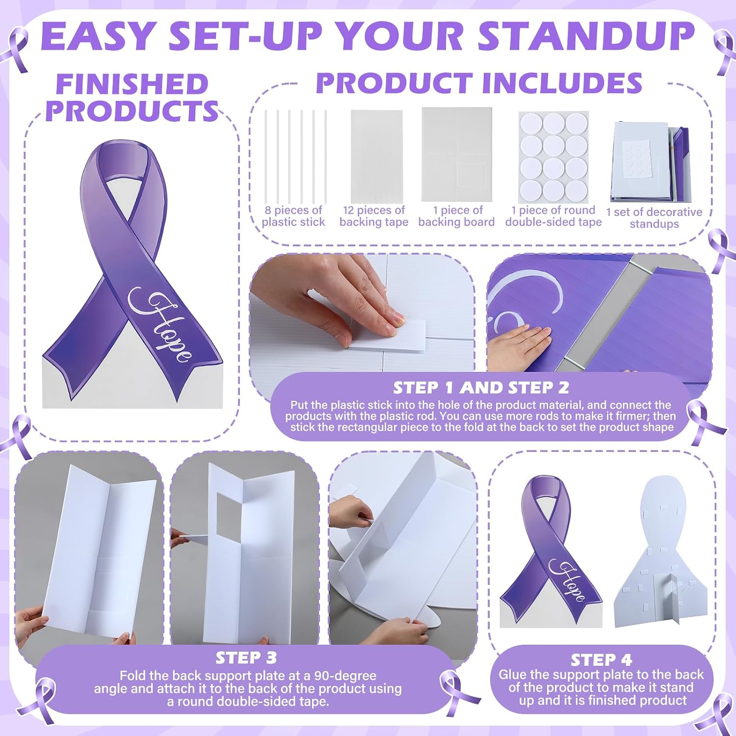 Leinuosen 1 Pcs 47" H Purple Ribbon Cardboard Cutout Stand-Up Purple Awareness Life Size Photo Props Hope Courage Strength for Women Campaigns Support Groups Fundraisers Charity Event Decoration