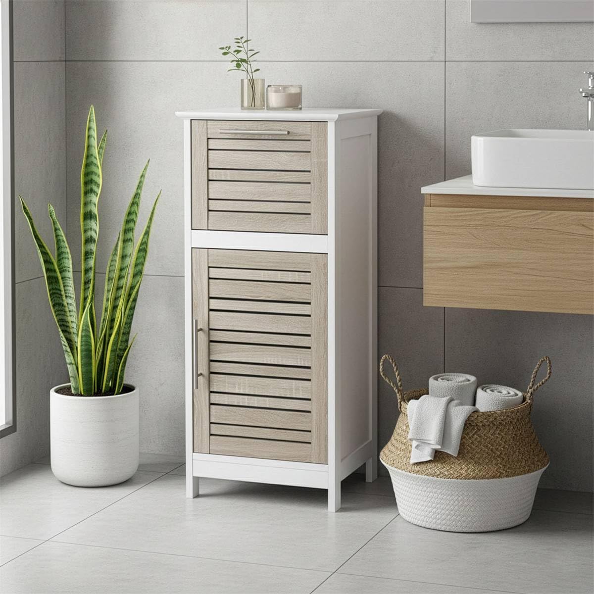 EVIDECO French Home Goods Bathroom Storage Cabinet with Vented Door and Drawer, Compact Freestanding Linen Cabinet for Small Spaces, White and Oak Finish - Stockholm Collection