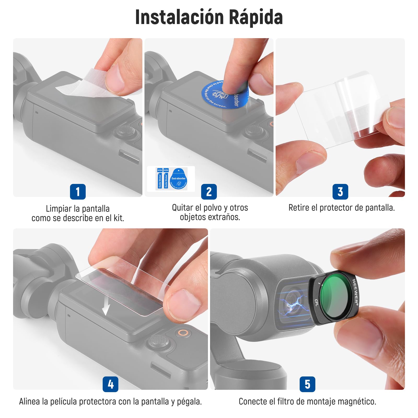 NEEWER Magnético CPL Filtro Compatible con dji Osmo Pocket 3 / Pocket 4 / Xtra Muse, Kit de Accesorios para Cámaras de Acción con Filtro Polarizador Circular y 2 Protectores de Pantalla
