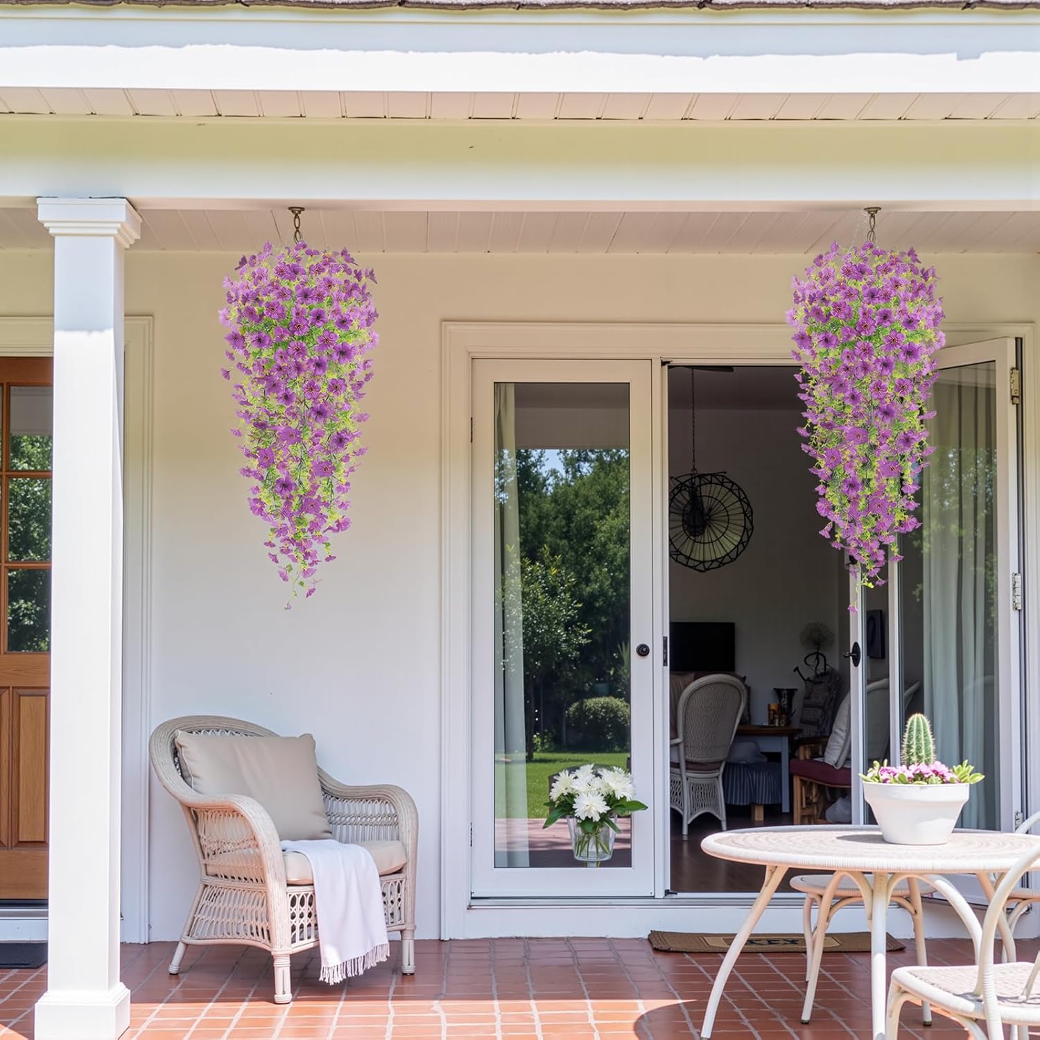 Artificial Plastic Fake Hanging Flowers Plants for Outdoor Spring Summer Decoration, 2 PCS UV Resistant Look Real for Home Indoor Outside Planter Porch Decor (Purple 2pcs)