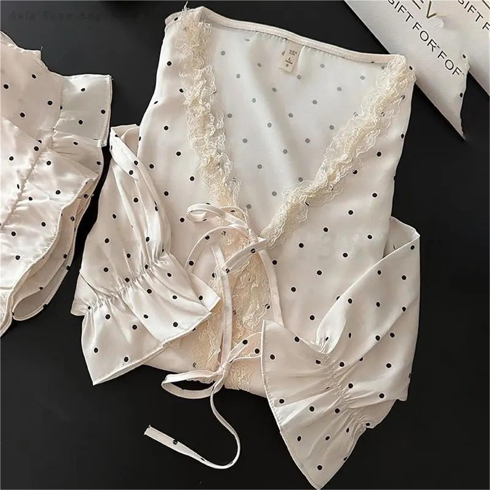 Conjunto de Pijama 2 uds con Borde Volantes Lunares, Ropa Dormir Seda Helada for Primavera y Verano, Holgada Suave Manga Larga Cuello en V for Mujer para Descanso en casa