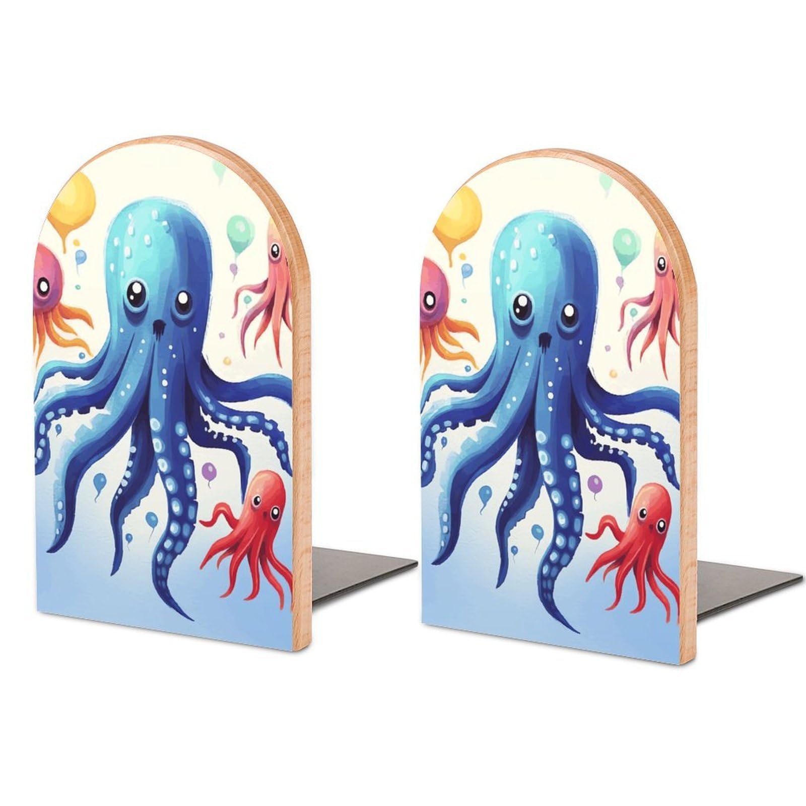Colorful Squid Octopus Bookend Modern Bookends for Shelves Non-Skid Book Holder Heavy Duty Metal Book Storage for Books CDs Decorative Book Stopper for Home