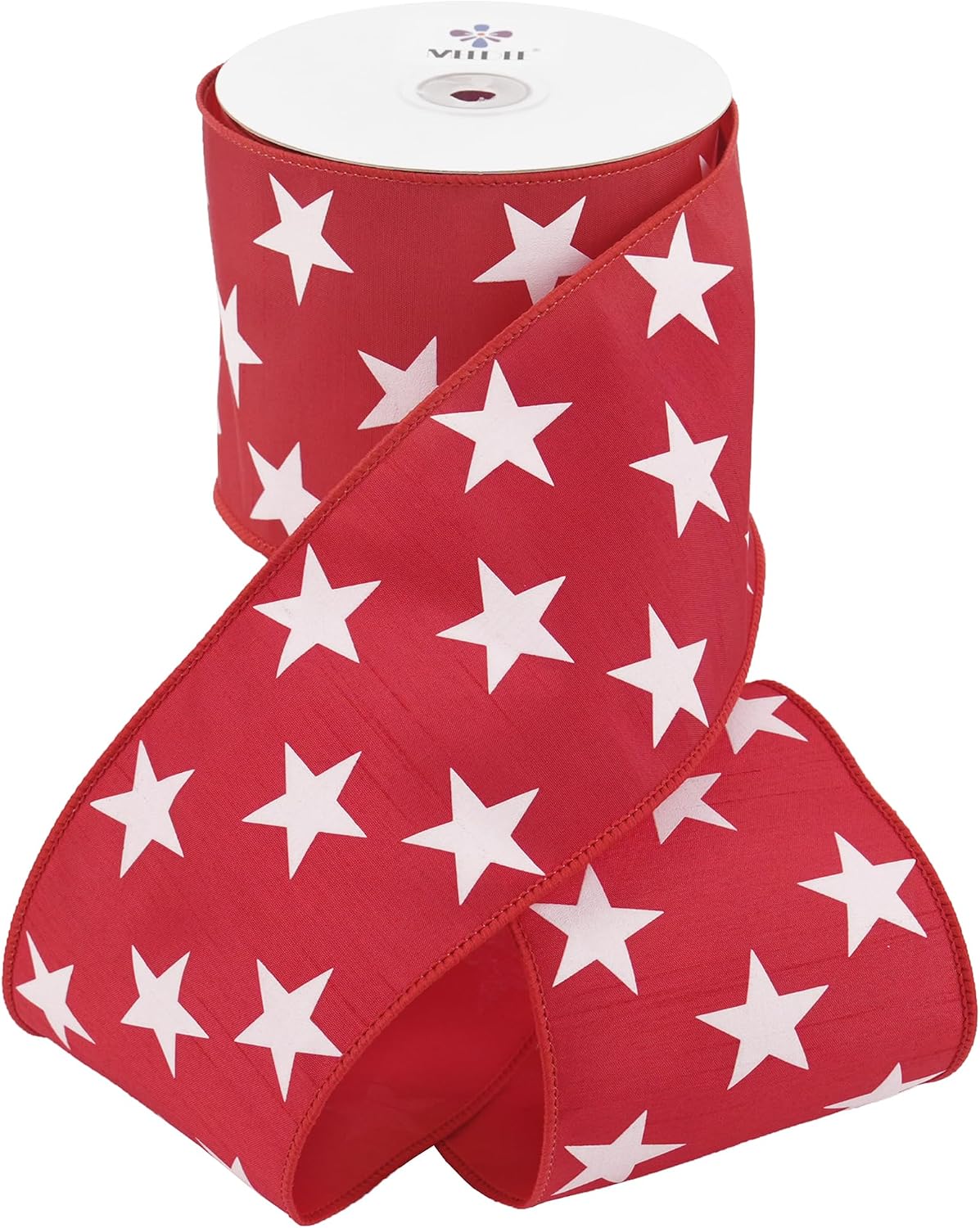 MEEDEE 4 Inch Patriotic Dupioni Wired Ribbon, 10 Yards Red Ribbon with White Stars, Wide 4th of July Ribbon for Wreath, Big Bow, Gift Wrapping, Indoor & Outdoor Decor, Memorial Day & Americana Décor