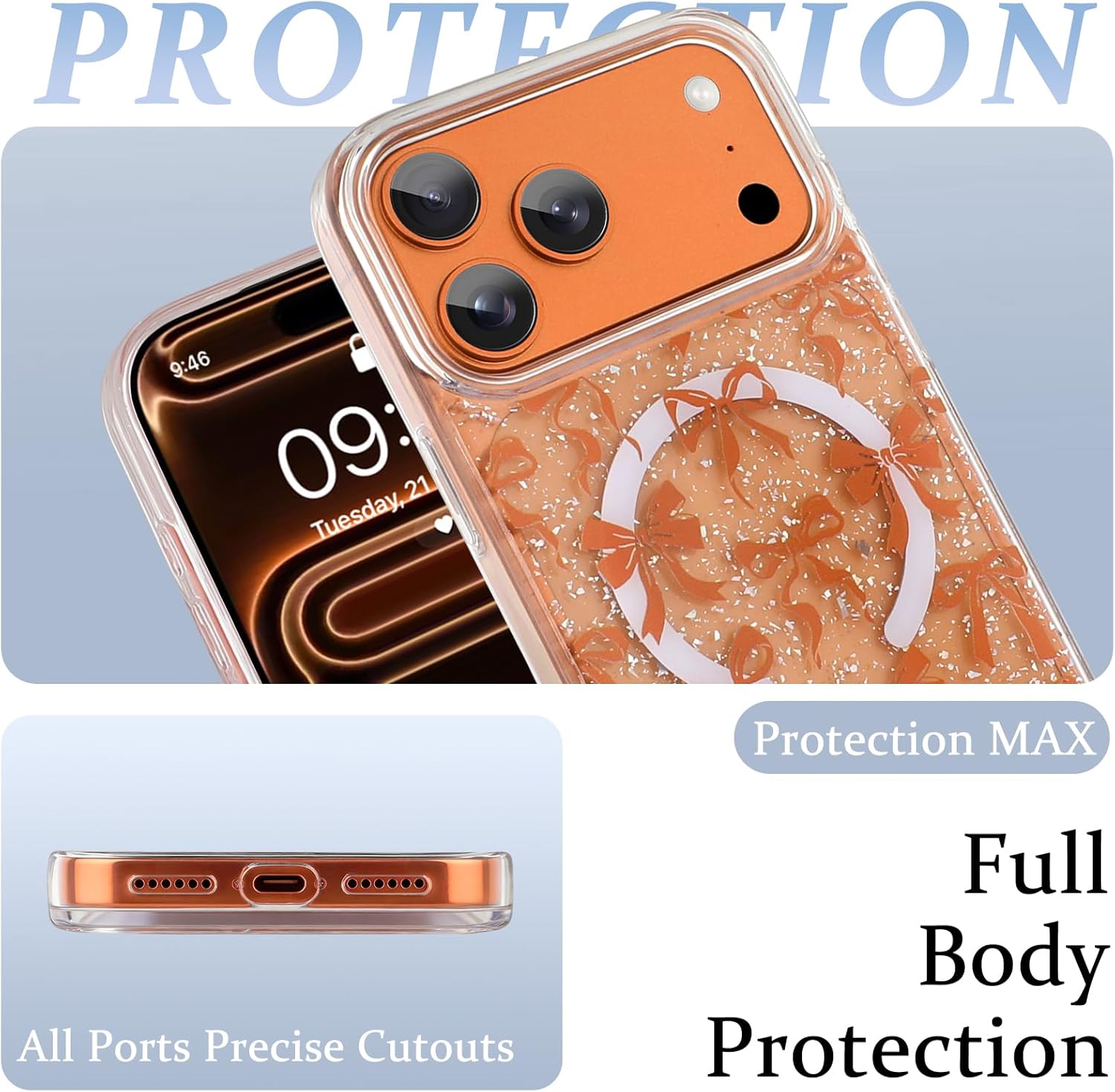 Magnetic for iPhone 17 Pro Max Case [Compatible with MagSafe] Luxury Shiny Glitter Ribbon Bows Pattern Design, Clear Sparkly Bling Shockproof Protective Cover for Women Girls