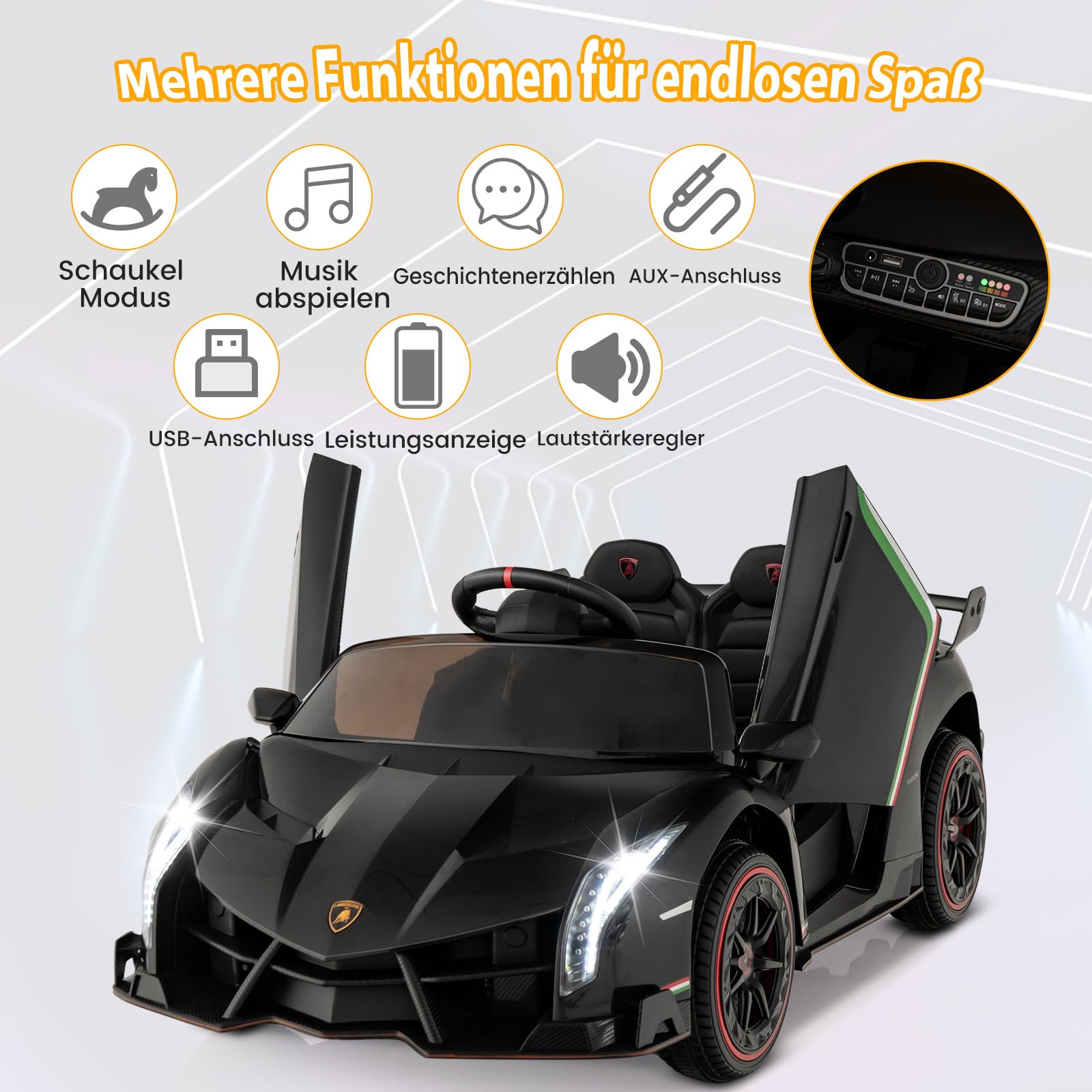 GOPLUS 12V Elektroauto Lamborghini mit 2,4G-Fernbedienung, Kinderfahrzeug mit helle LED-Leuchten, Hupe & hydraulischer Türen, Elektrofahrzeug mit Musik & MP3 für Kinder von 3-8 Jahre (Schwarz)