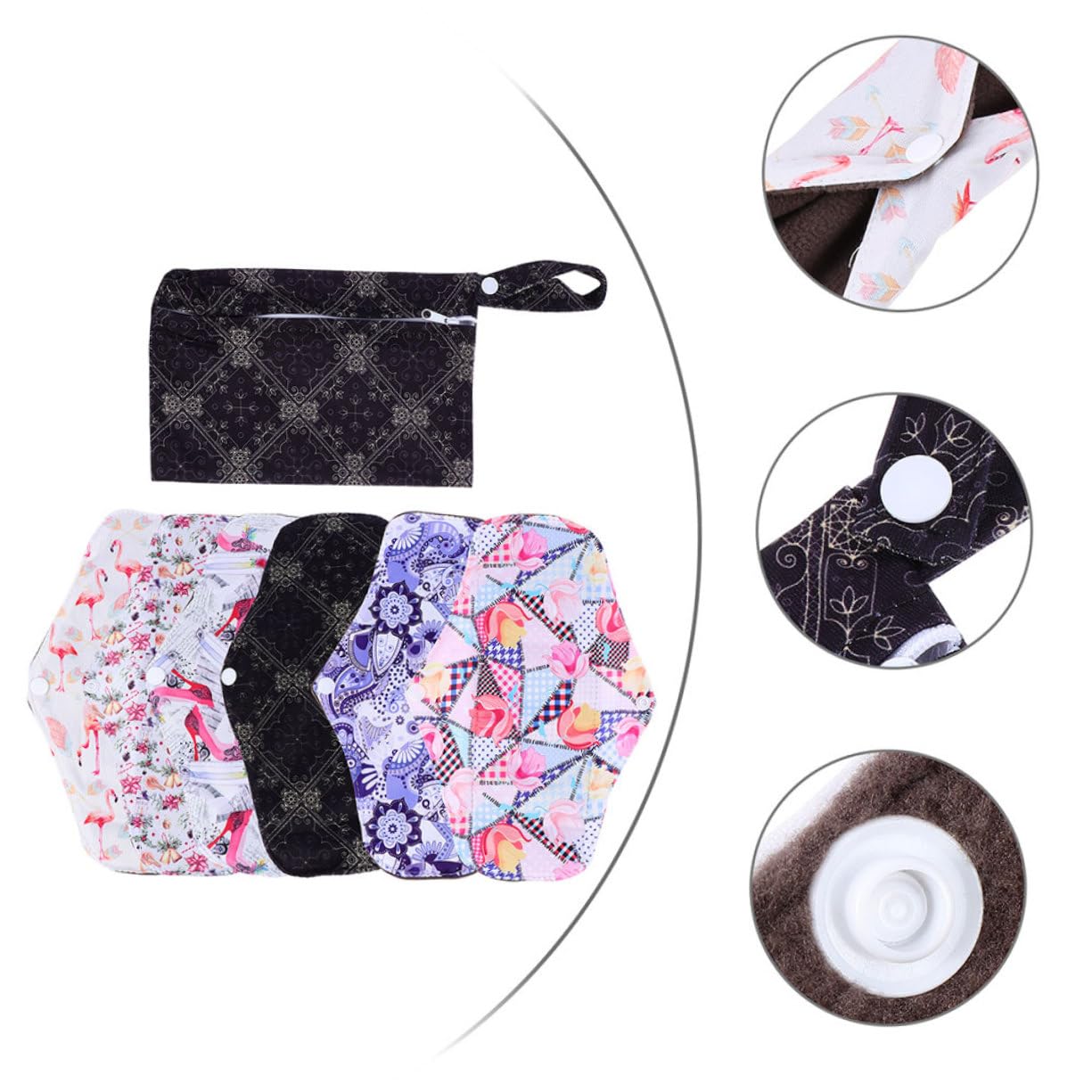 Toallas Menstruales Lavables 7 Piezas de Fibra de Carbón de Bambú | Alas y Broches de Fijación, Tacto Cómodo, para Flujo Abundante, Impermeables, Talla M Estilo Aleatorio