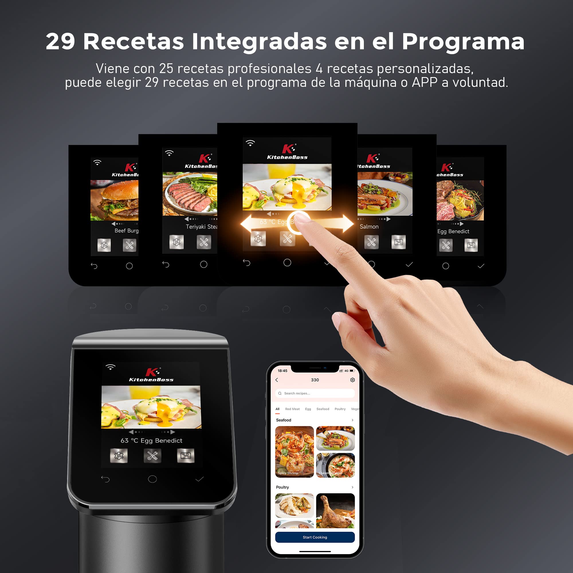 KitchenBoss Wifi Roner Cocina Baja Temperatura: G330 WLAN Sous Vide Roner, 1100W,Inmersión a Prueba de Agua IPX7 Circuladores Control de APP y Temperatura de Precisión TFT táctil Muy tranquilo