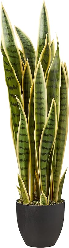 33” Sansevieria Artificial Silk Plants Green | 35 Variegated Leaves, Handcrafted Materials, Black Decorative Planter, Ideal for Tabletop or Office Decor
