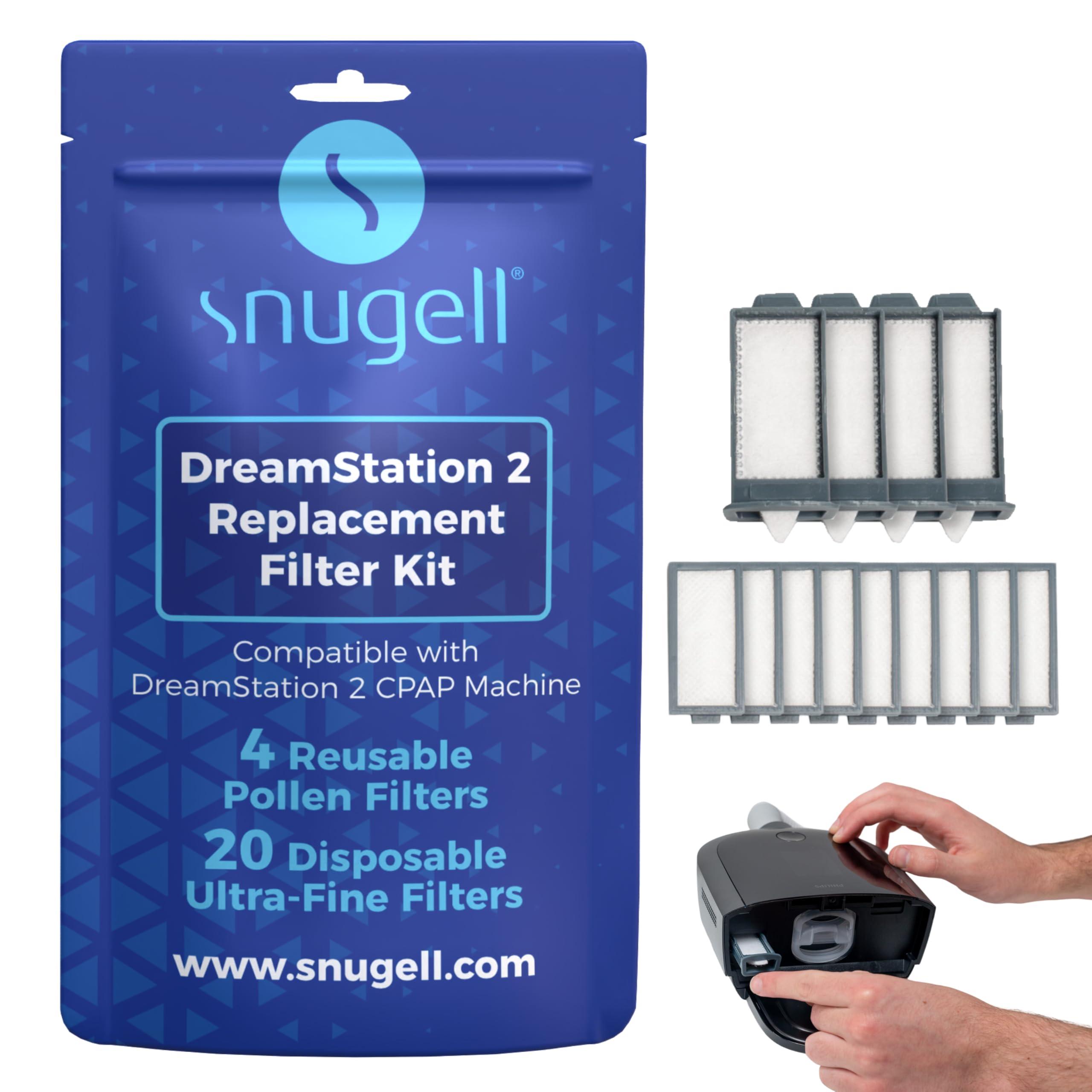 Snugell Dreamstation 2 CPAP Filter Kit – Includes 4 Reusable Pollen & 20 Disposable Ultra-Fine – Universal Replacement Filters Compatible with Respironics CPAP Machines for Optimal Air Quality