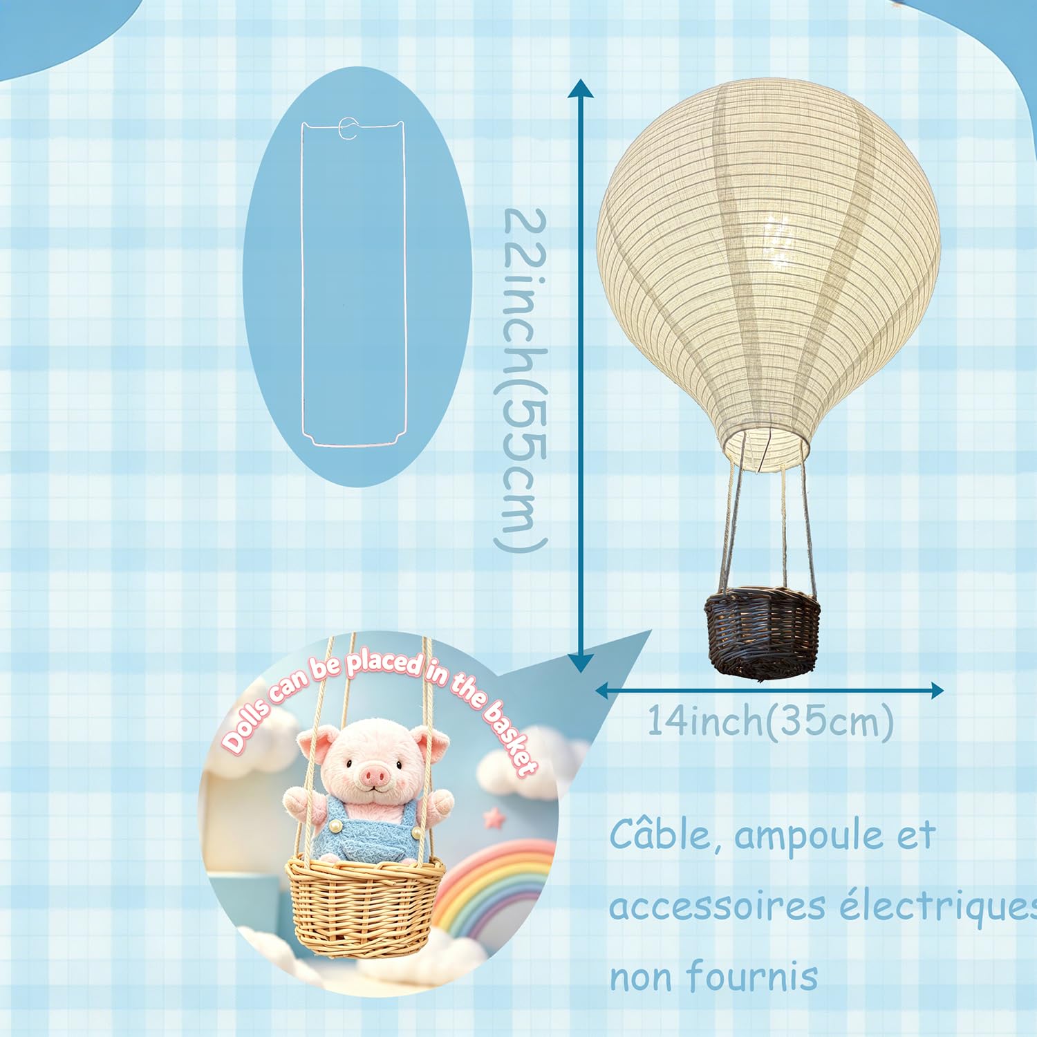 Lot de 2 ballons à air chaud, montgolfières décoratives faites à la main 35 x 55 cm, décoration de plafond pour chambre de bébé et chambre d'enfant, cadeaux pour enfants et adolescents