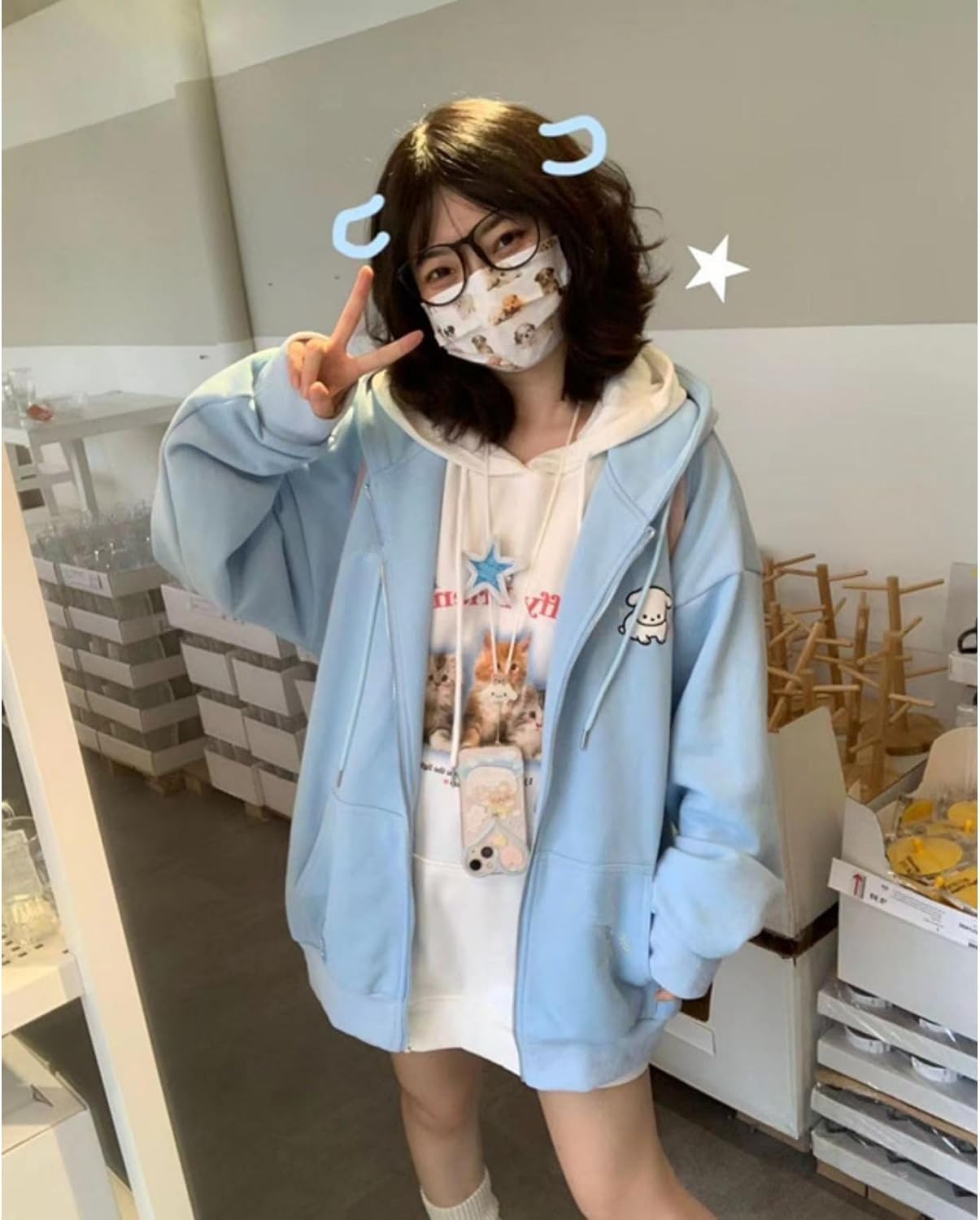 Kawaii Zip Up Hoodie Cute Cartoon Print Oversized Hooded Sweatshirt Harajuku Kawaii Pullover Jacket - Image 4