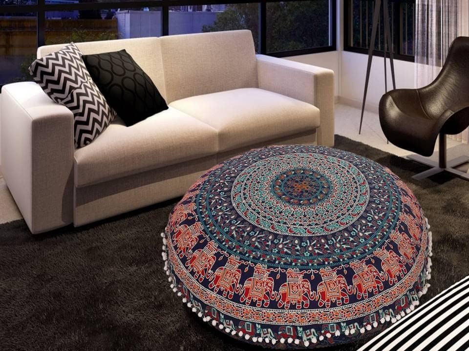 32" Peacock Floor Pillow Cover Meditation Bohemian Cushion Seating Throw Mandala Hippie Decorative Indian Large Ottoman Outdoor Home Decor Cases Round Sham Cotton Elephant Animal Pouf (Cover Only)