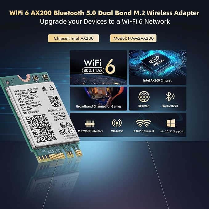 Tarjeta de Red WiFi 6E M.2 AX200, Chip Intel AX200, Bluetooth 5.0, 3000 Mbps, Banda Dual 2.4 GHz / 5 GHz con OFDMA y MU-MIMO, para Laptop Windows 10/11 miniatura 2