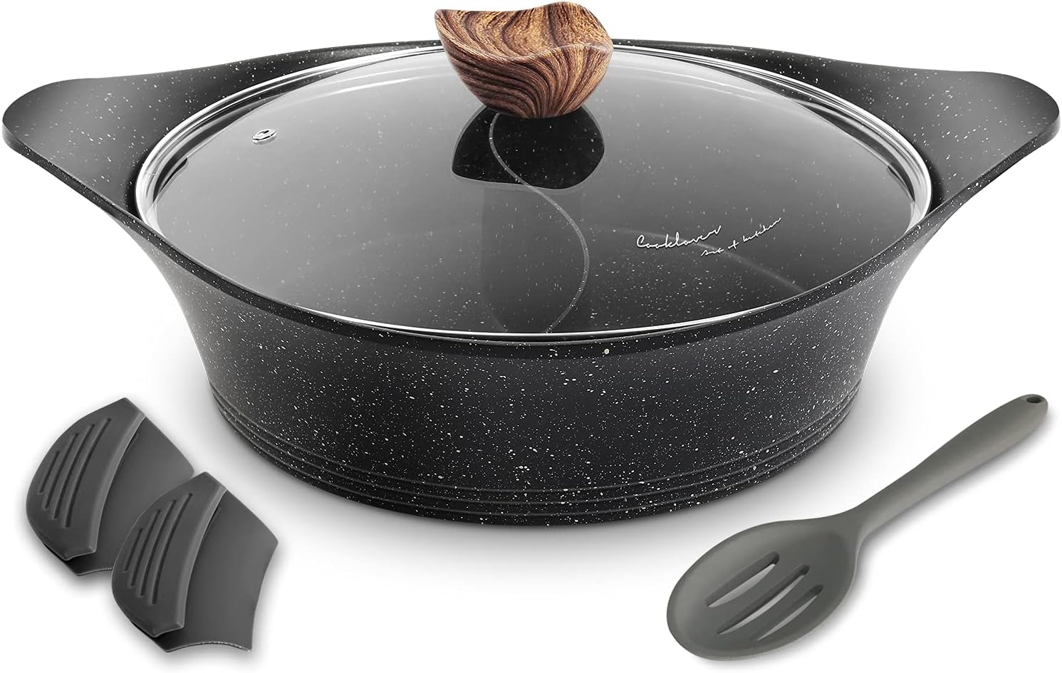 Shabu Pot with Lid Non-Stick Casserole Induction Shabu Hot Pot with Divider, 11.8 Inch, 4.5L, 5.64lb - Black