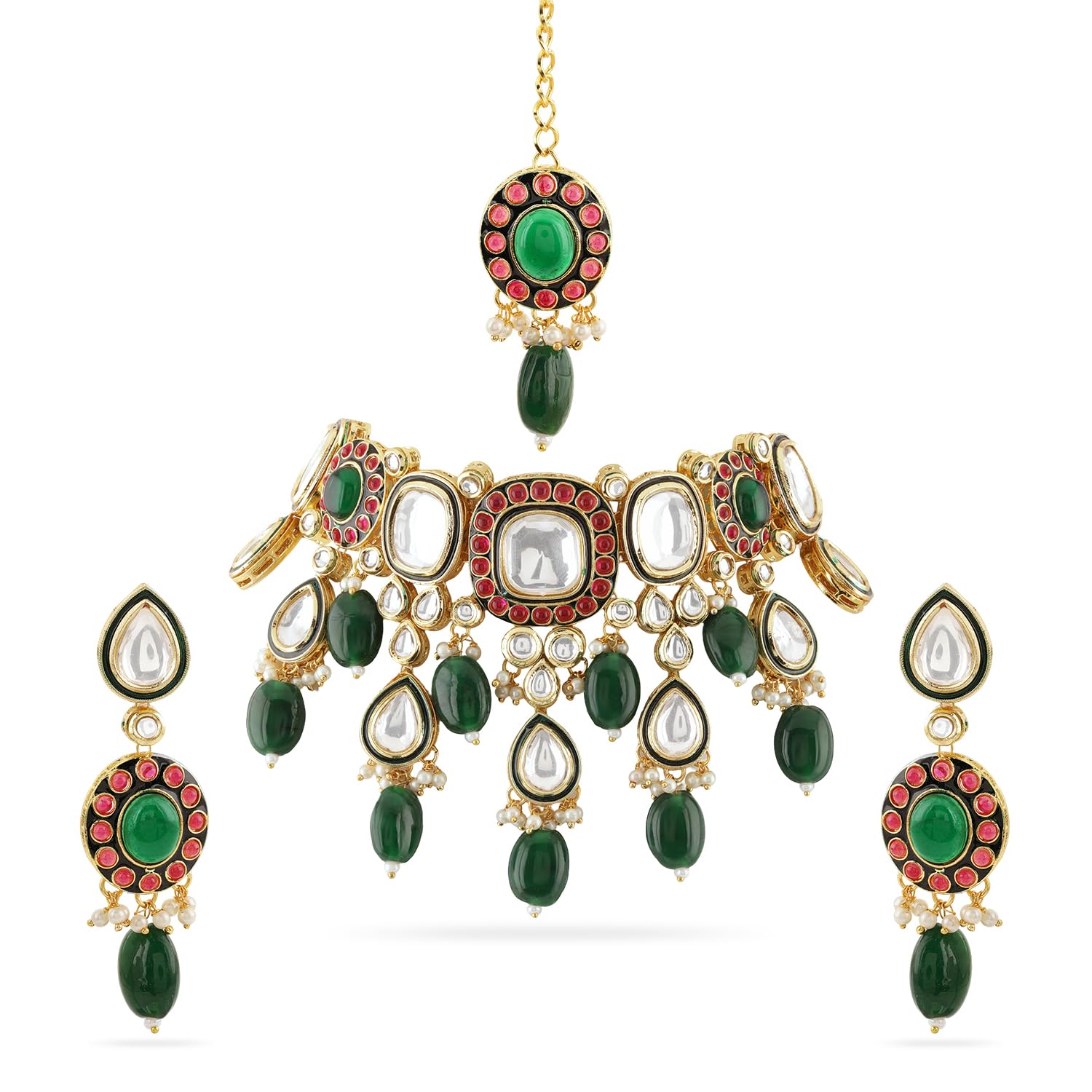 rubans 24K Gold-Plated Kundan & Green Beaded Choker Necklace Set with Red Stone Accents-picture-18