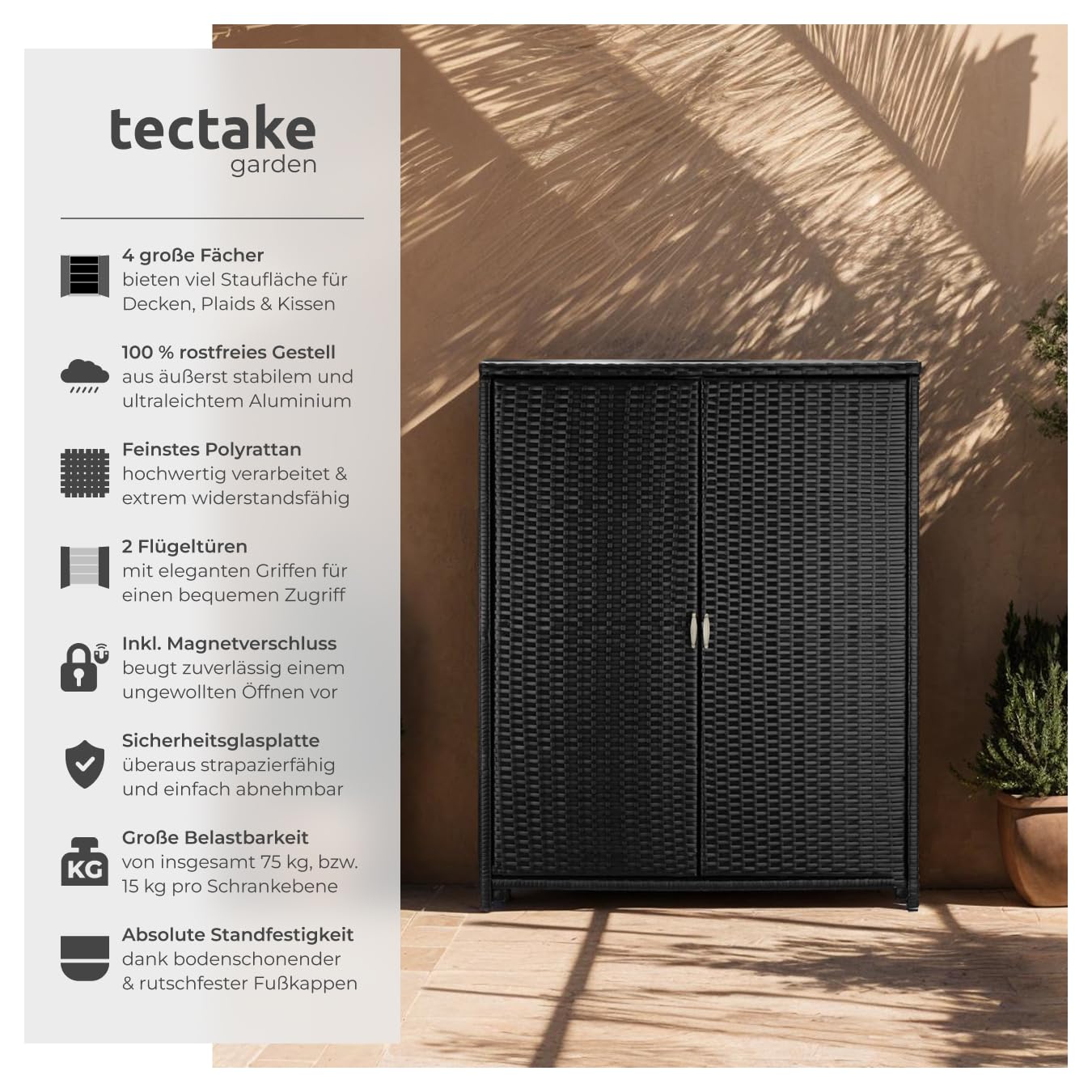 tectake Rattan Gartenschrank mit Aluminium Gestell, Outdoor Schrank, Auflagenbox, Terrassenschrank, Aufbewahrungsschrank Garten
