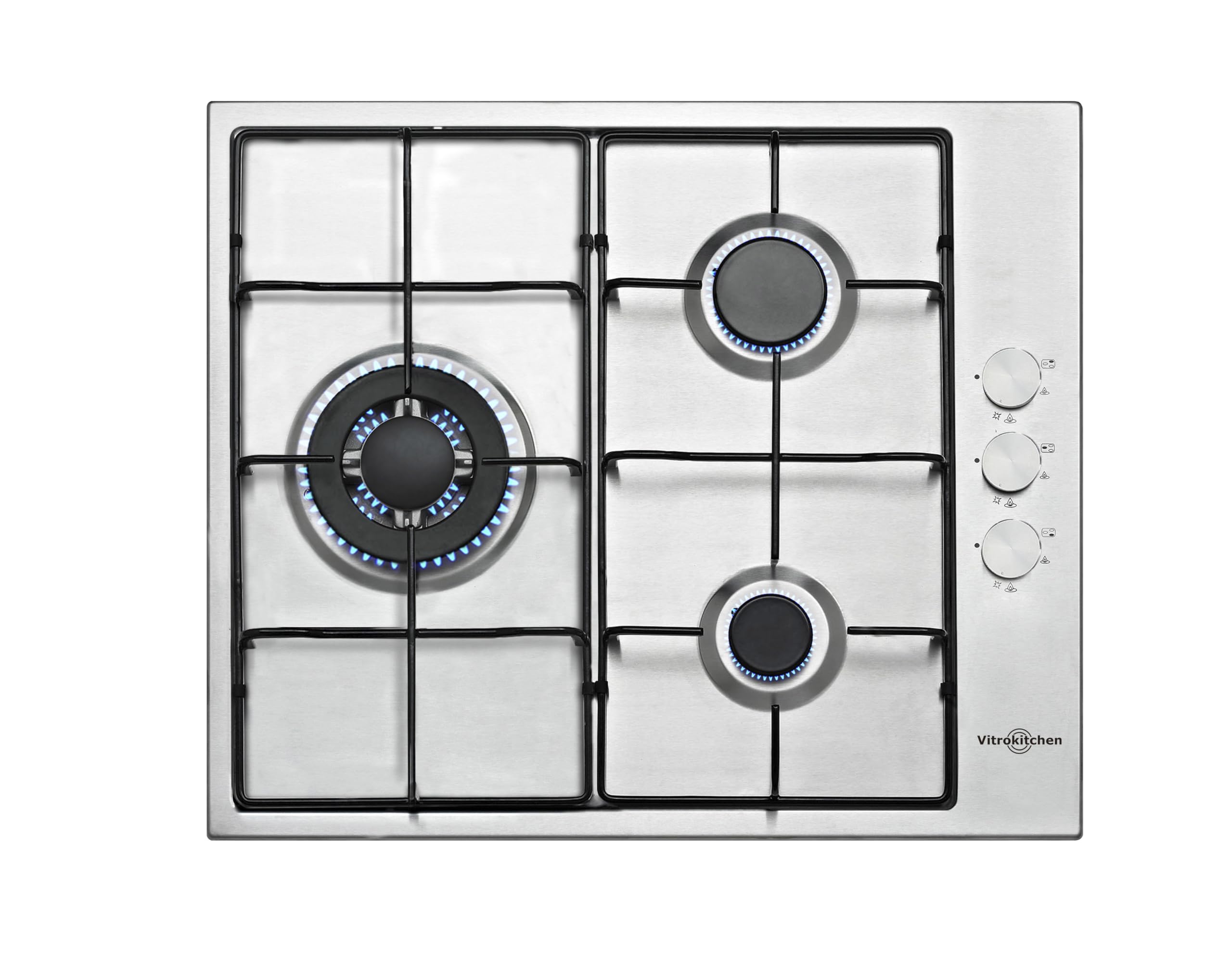 Vitrokitchen EN630-0LIN - Placa de Gas Natural 3 fuegos con encendido electrónico, acero inoxidable, seguridad Gas-Stop, 60cm