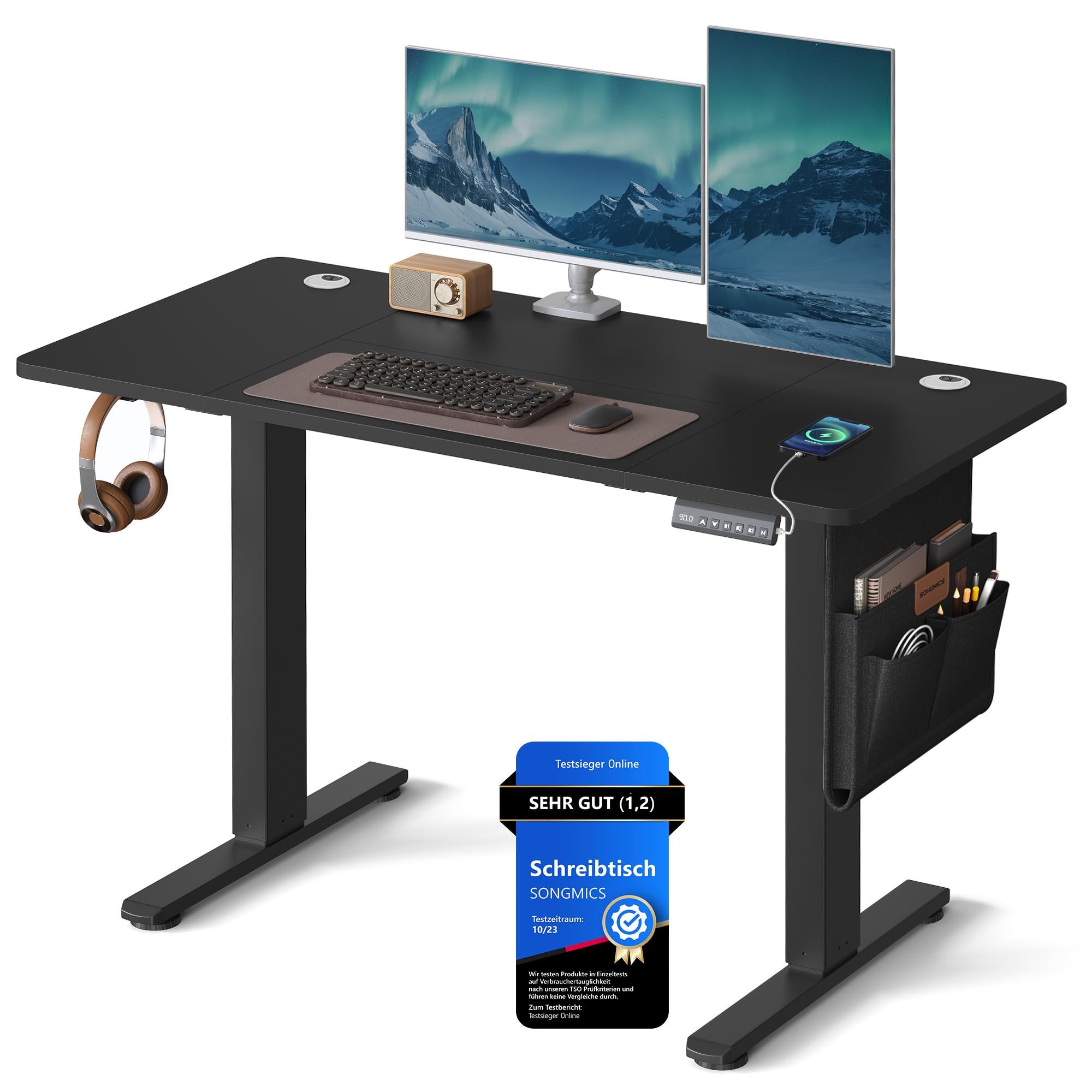 SONGMICS Höhenverstellbarer Schreibtisch elektrisch, 120 x 60 cm, Verstellbarer Tisch, Memory-Funktion für 4 Höhen, für Büro, tintenschwarz LSD132B01