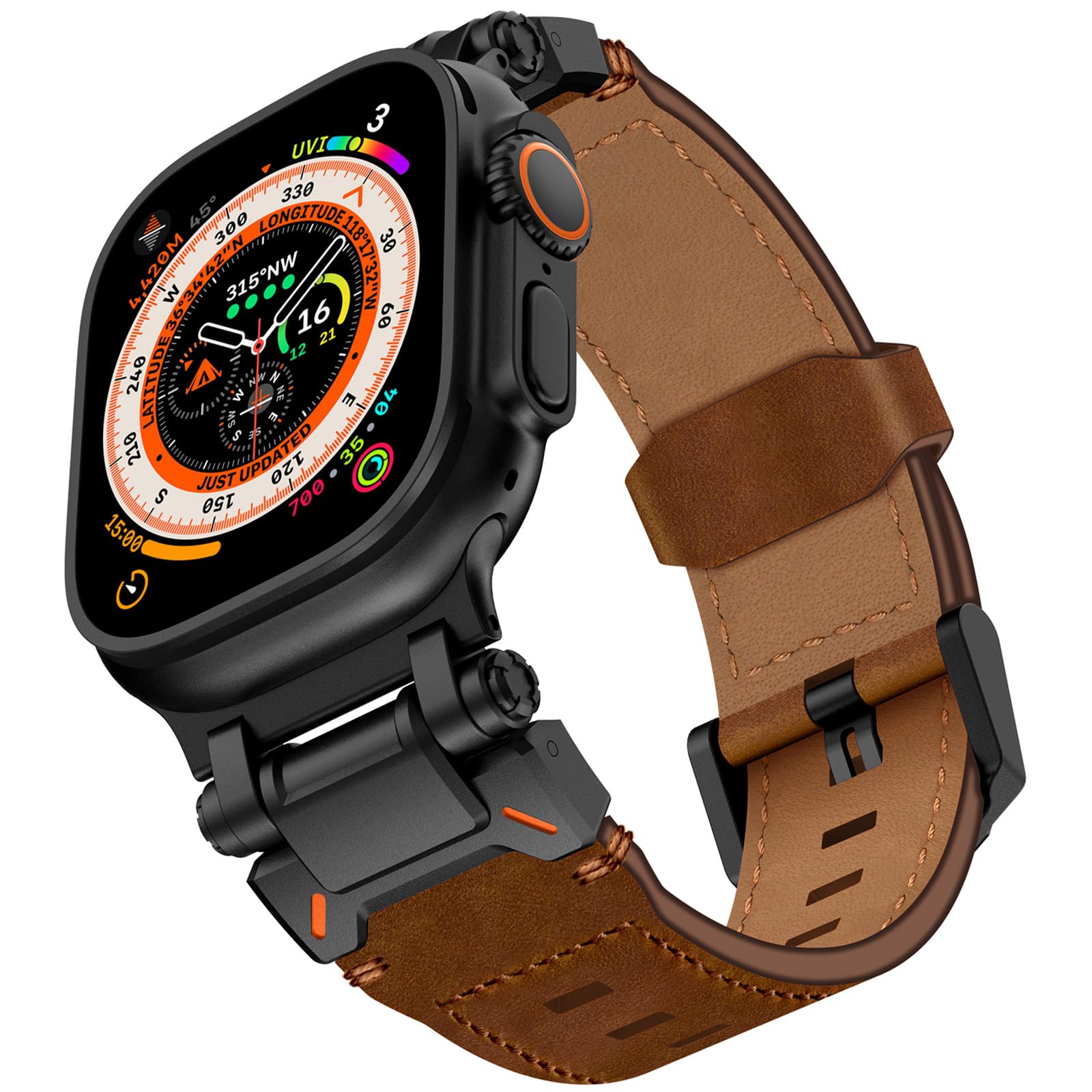 KADES for Apple Watch Ultra 2 Band 49mm 45mm 44mm 42mm Men, Top Grain Genuine Leather Band Strap with Titanium Connectors for Apple Watch Ultra 2/1 Series 9/8/7/SE2/6/5/4/SE/3/2/1, Black/Brown