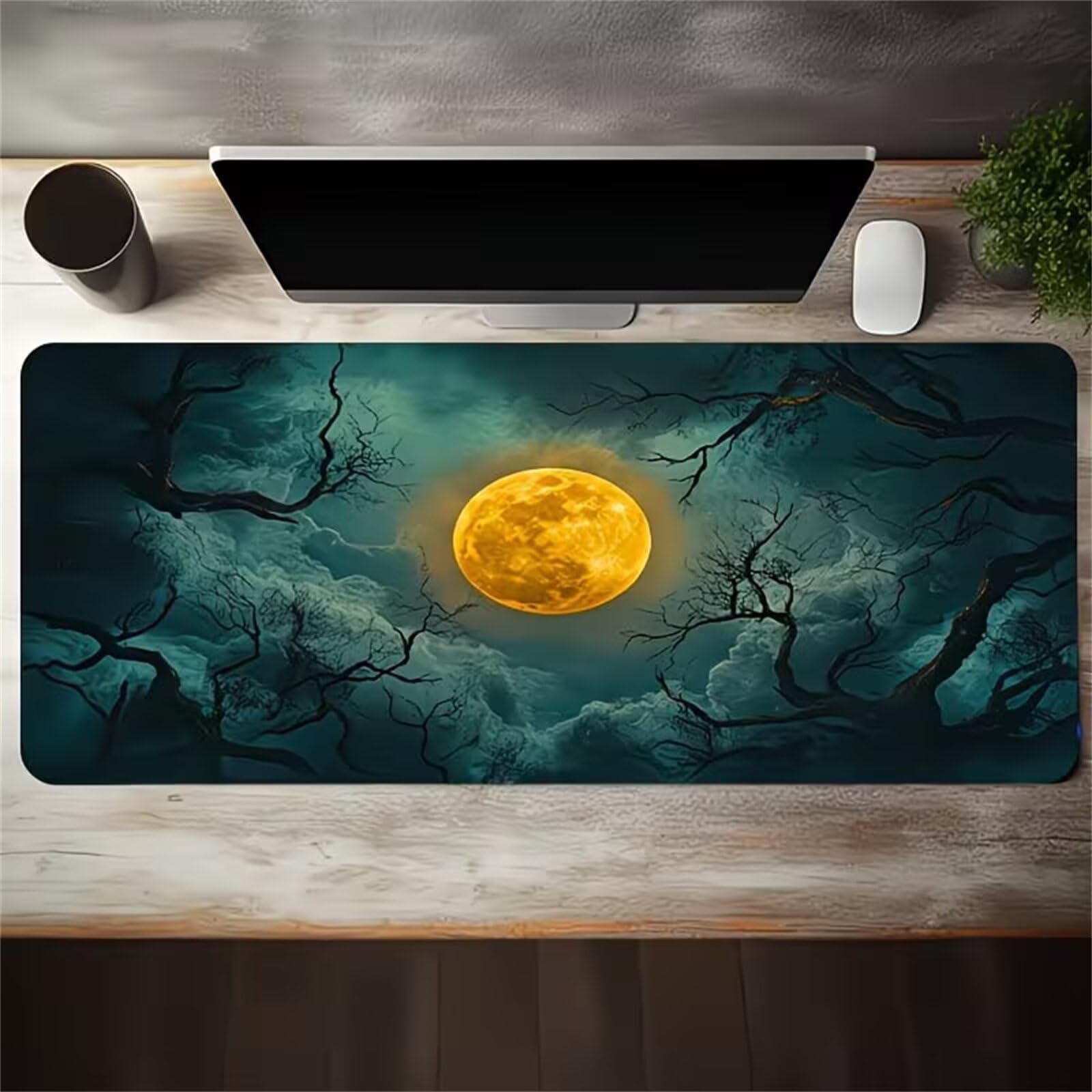 Tappetino Mouse XXL 800x400x3mm Paesaggio della luna dorata tappetino per mouse Gaming,Base Antiscivolo,con Bordi Cuciti,Sottomano Grande Dimensione per Uffici e Scrivanie da Gioco