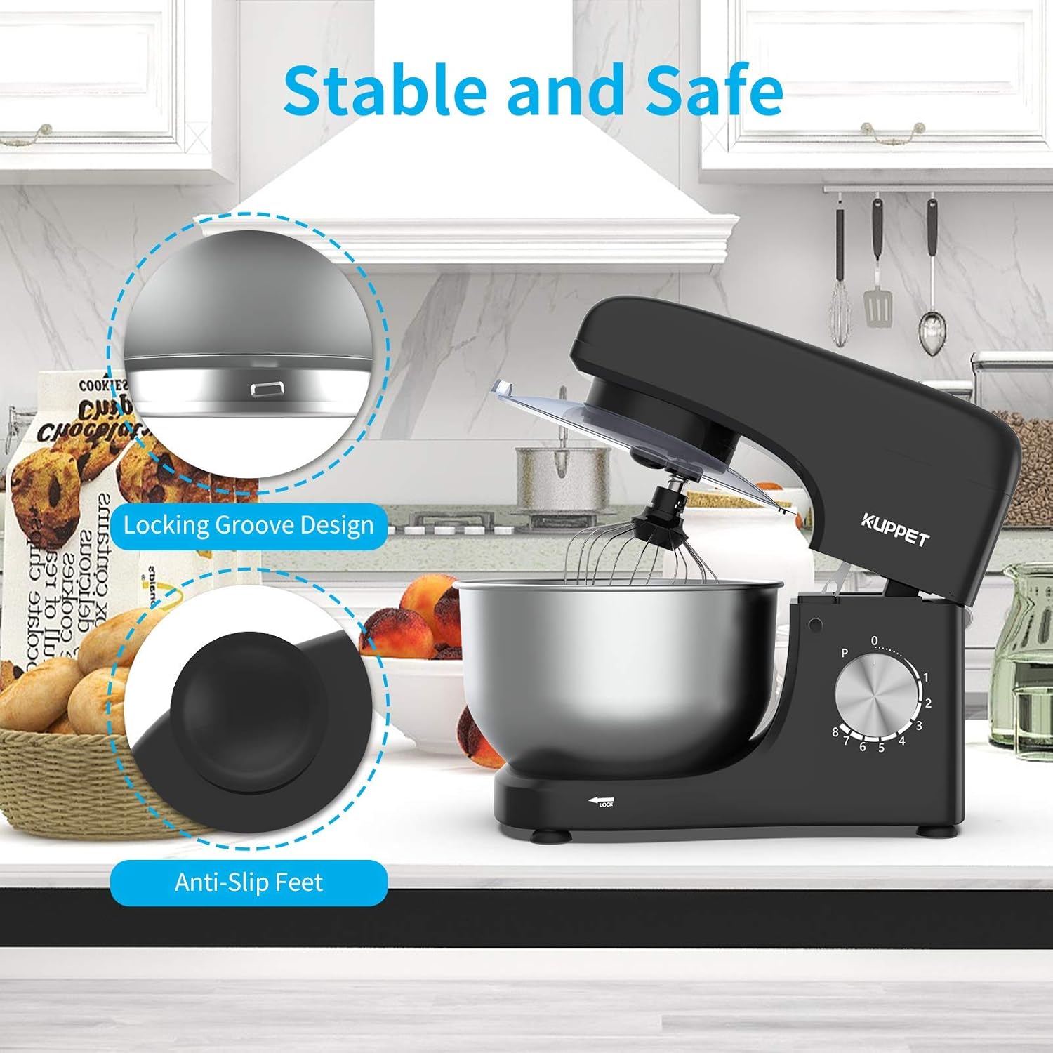 KUPPET Stand Mixer, 8-Speed Tilt-Head Electric Food Stand Mixer with Dough Hook, Wire Whip & Beater, Pouring Shield, 4.7QT Stainless Steel Bowl - Black
