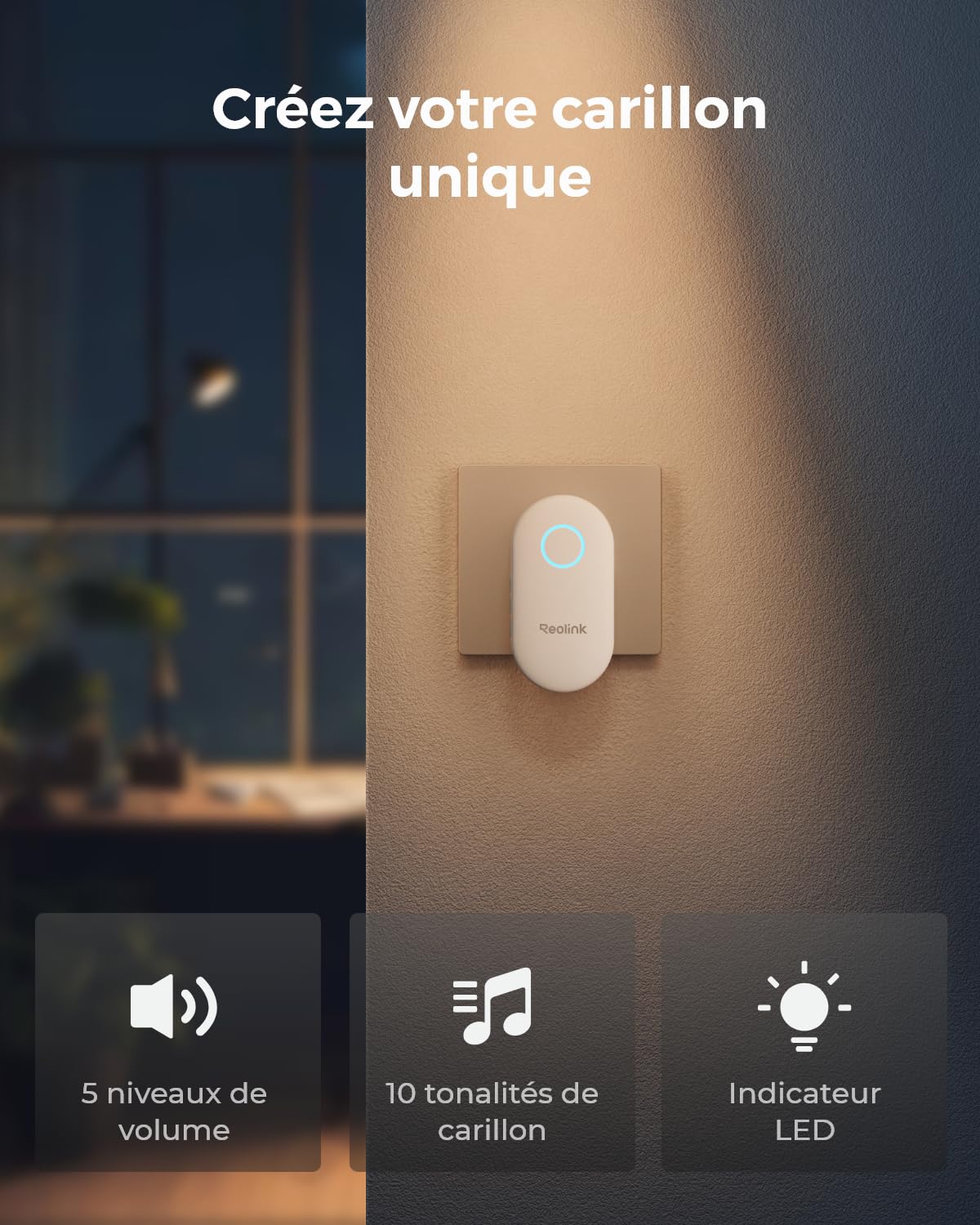 Reolink Carillon Numérique, Uniquement Compatible avec Sonnette Vidéo WiFi/PoE V2+, Fonctionne avec la Batterie de Sonnette, Plug & Play, Contrôle à Distance Via l'app