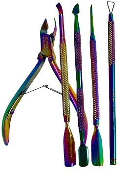Professional Manicure and Pedicure Set, Double-Ended with Knurled Grip, Rainbow Titanium Coated - Cuticle Pushers - Premium German Stainless Steel (5PK - Trimmer Pliers+Pushers+Scrapper)