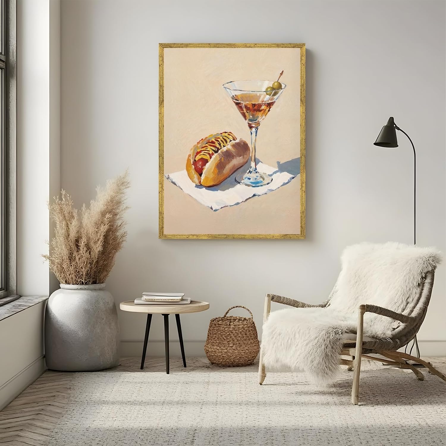 Licpach Hot Dog and Dirty Martini Wall Art Retro Minimalist Food & Drink Canvas Print Trendy Bar Kitchen Decor Funny Dining Room Wall Artwork Vintage Cocktail Aesthetic Poster 24x36inch Golden Frame