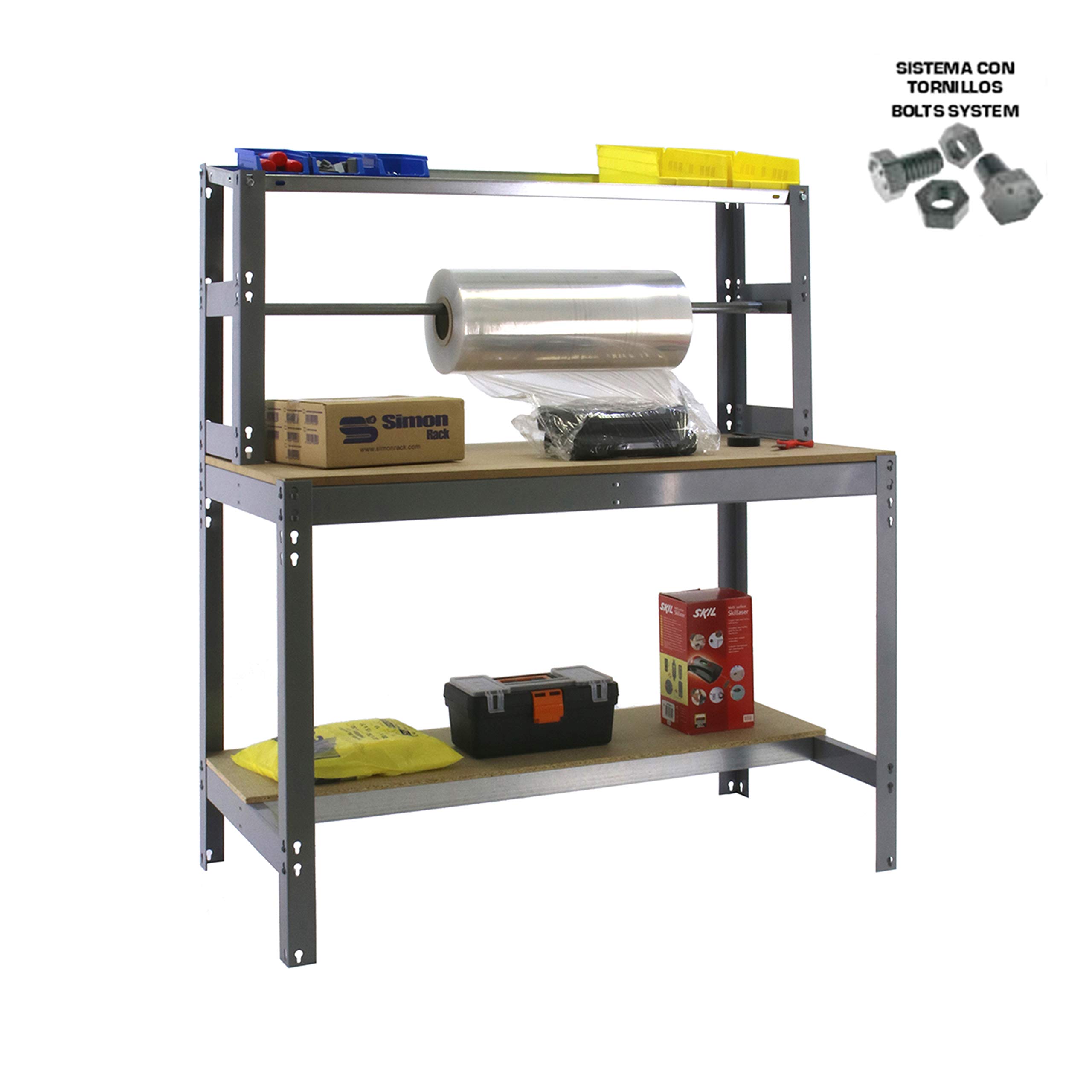 Simon Rack Banco de Trabajo con Porta Rollo 910x760 mm - BT4 | Porta Rollo, Tablero madera 16 mm, Capacidad Carga 400 kg, Gris , Pintura anticorrosión, Montaje sistema clic