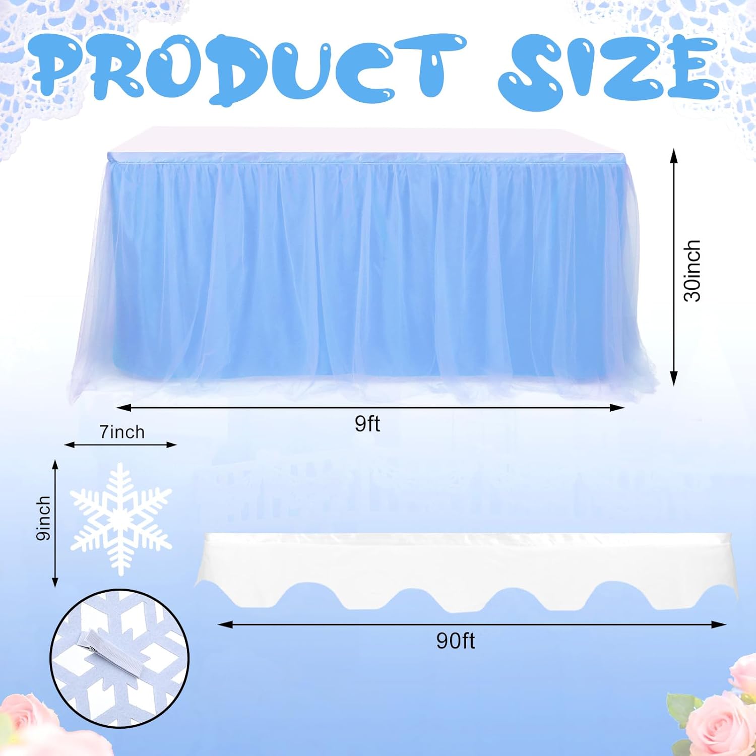 5 Pcs Winter Snowflake Wonderland Tablecloth Blue Tulle Table Skirt and White Tables Cover with Snowflake 30 x 108 Inch Winter Wonderland Table Cover for Winte Holiday Party Supplies Decorations