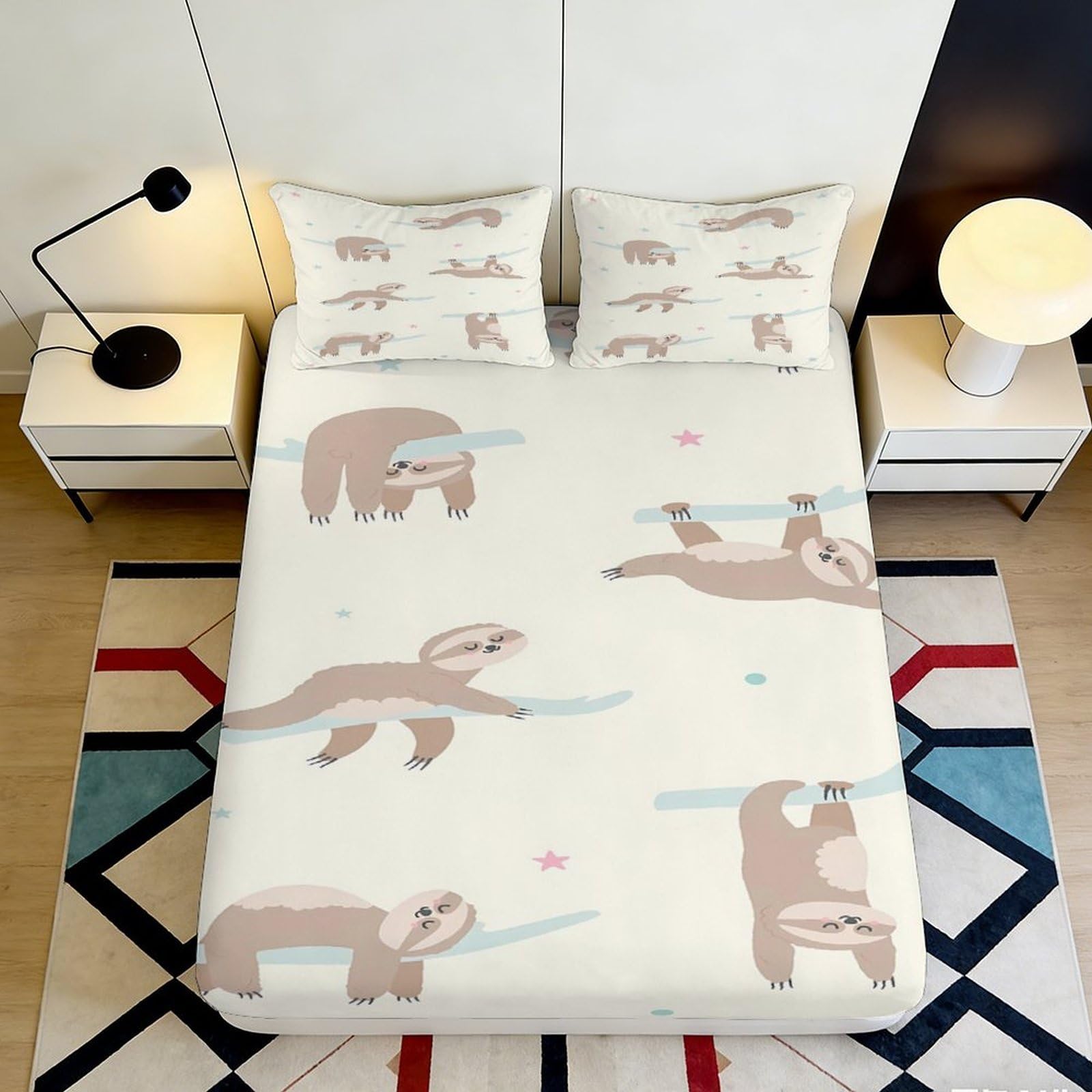 3D Printed Cartoon Sloth Fitted Sheet Microfiber Soft Beige Animal Mattress Cover for Bedroom Guest Room Decor 140x200x25cm