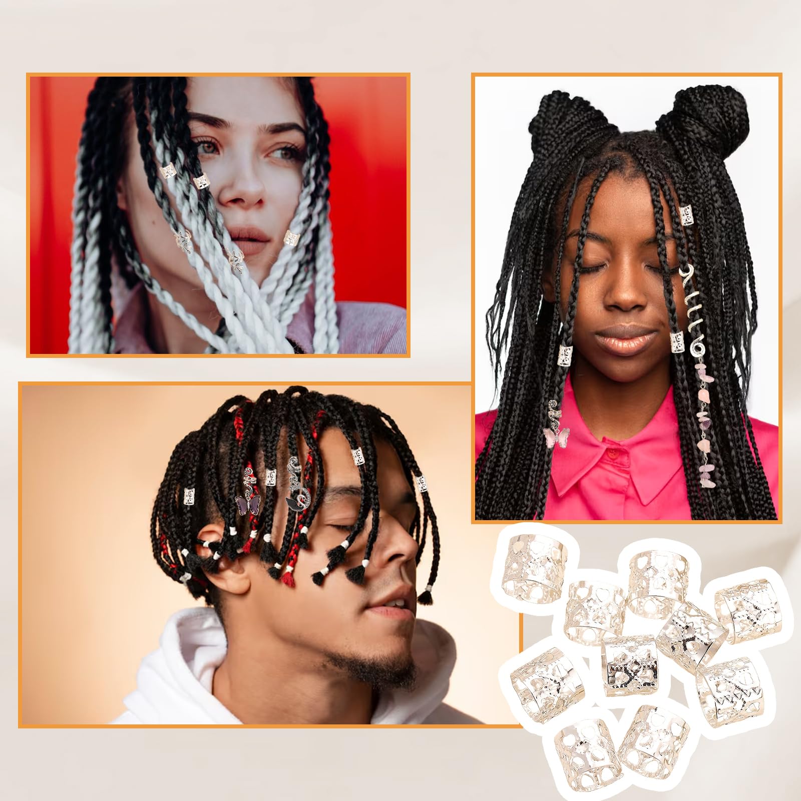 Joyeee Kit da 44PCS Perline Argento per Capelli – Tasselli di Pietra Cristallo Naturale Spirali Manicotti Filigrana Pendenti Farfalla con Strumento per Treccine Dreadlocks