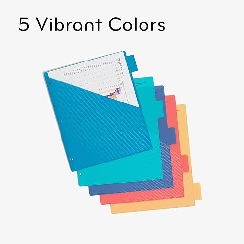 Miniatura 4 de U Brands Bright Performance - Separadores de 5 pestañas de polietileno con bolsillos, azul, verde azulado, morado, rojo y amarillo, 3 agujeros