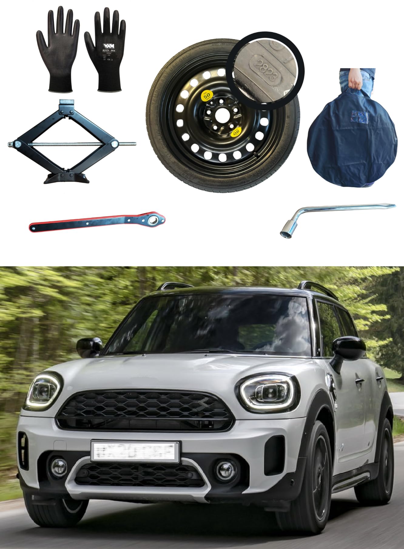 Kit de Rueda de Repuesto 17" compatible con Mini Countryman 2010-2016 con Gata, Llave, Guantes y Funda 125/80R17