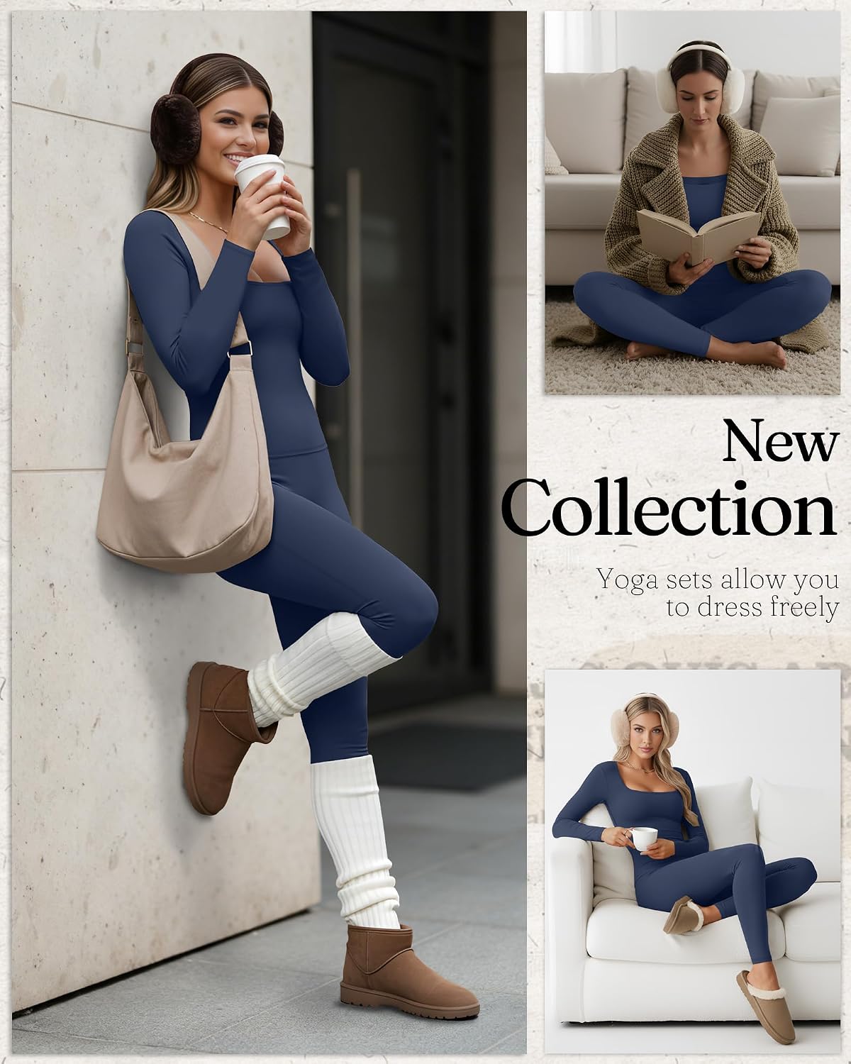 Women's 2 Piece Workout Sets Long Sleeve Yoga Square Neck Top High Waist Leggings Athletic Pants Active Sports Gym